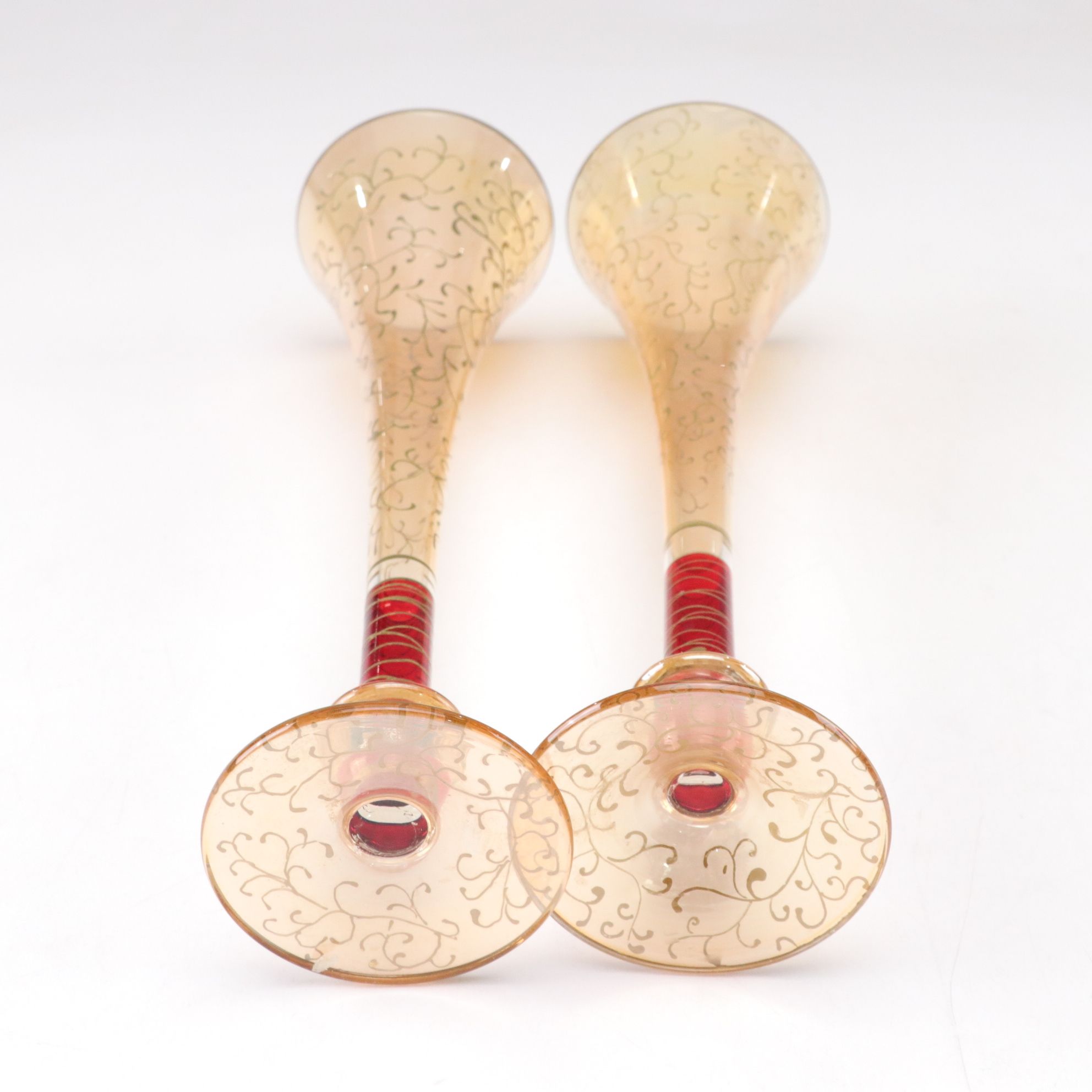 Romanian Hand Blown Red Vase with Opalescent Cordials & "Rioja" Champagne Flutes