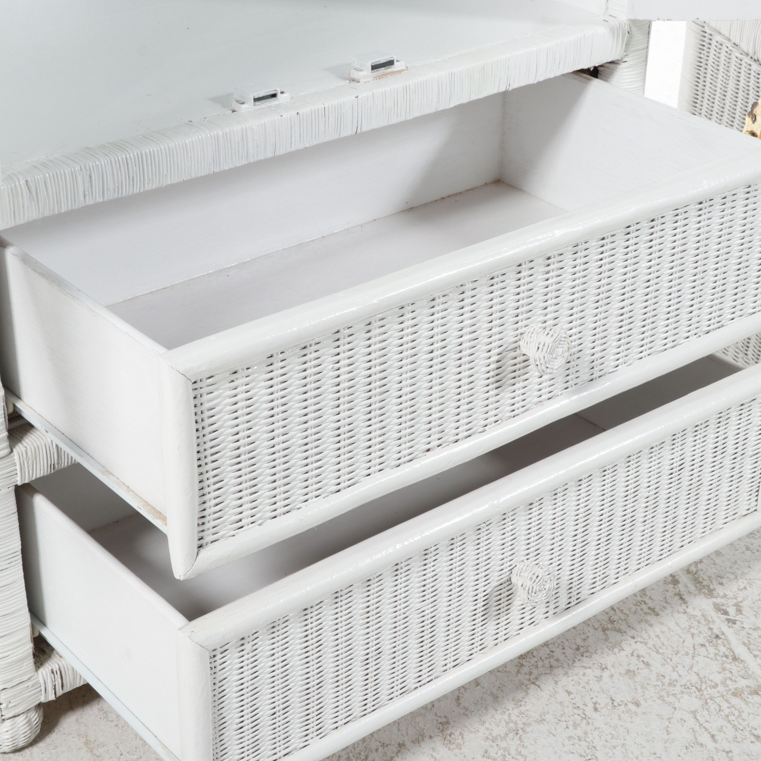 Seven-Piece White Woven Wicker Bedroom Accessory Suite, Late 20th Century