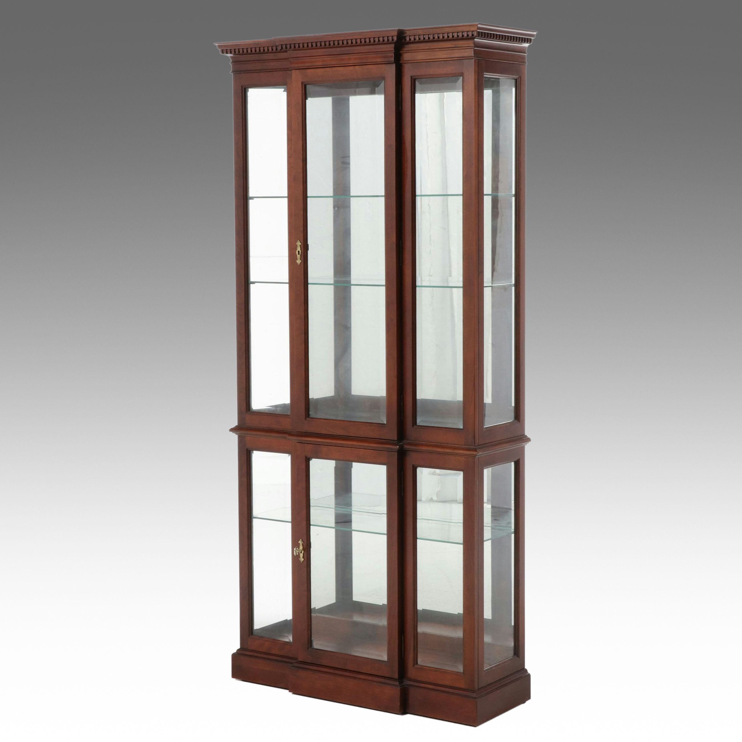 Neoclassical Style Cherry Finish Breakfront Curio Cabinet, Late 20th Century