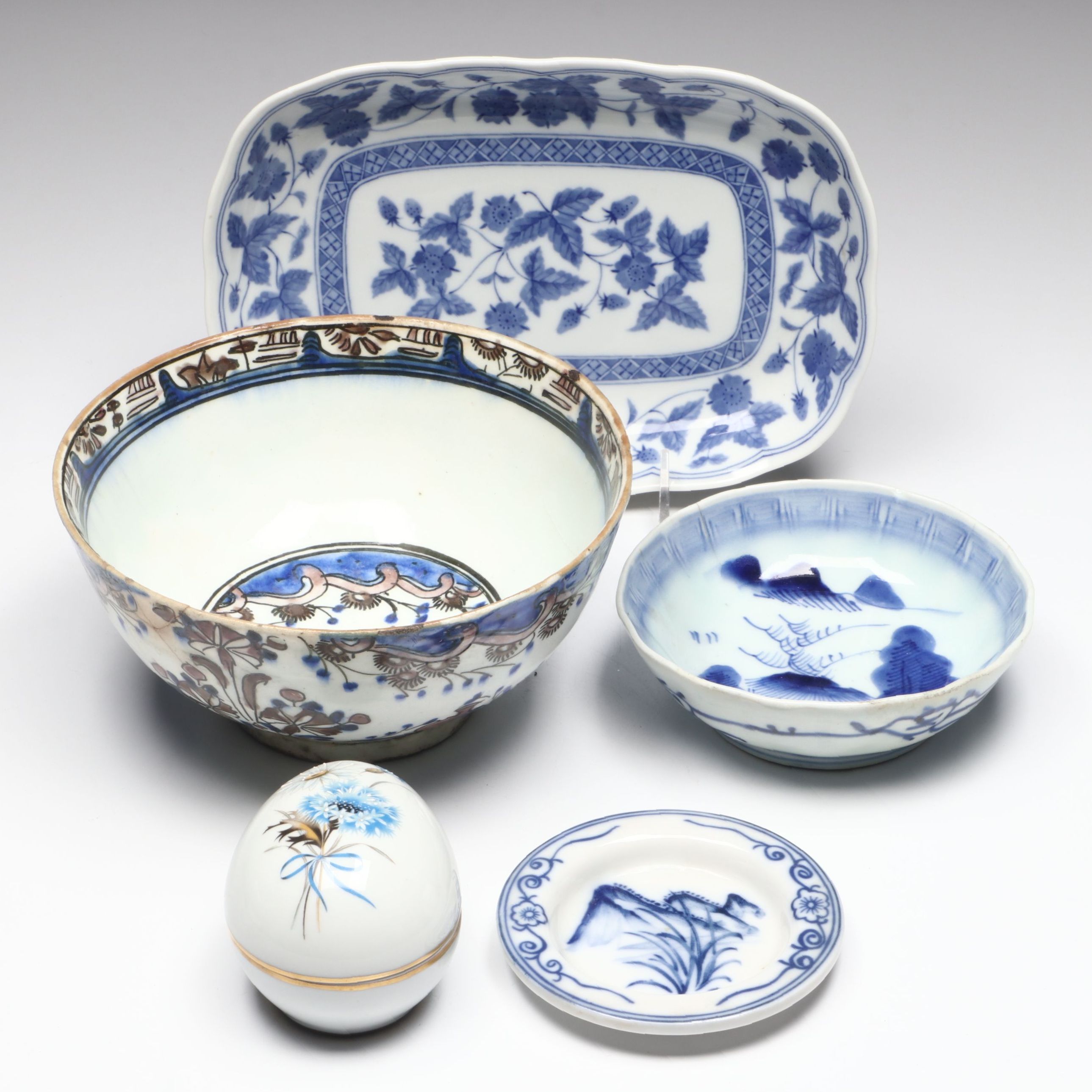 Persian Polychrome Fritware Bowl with Asian Porcelain and Limoges Egg Box