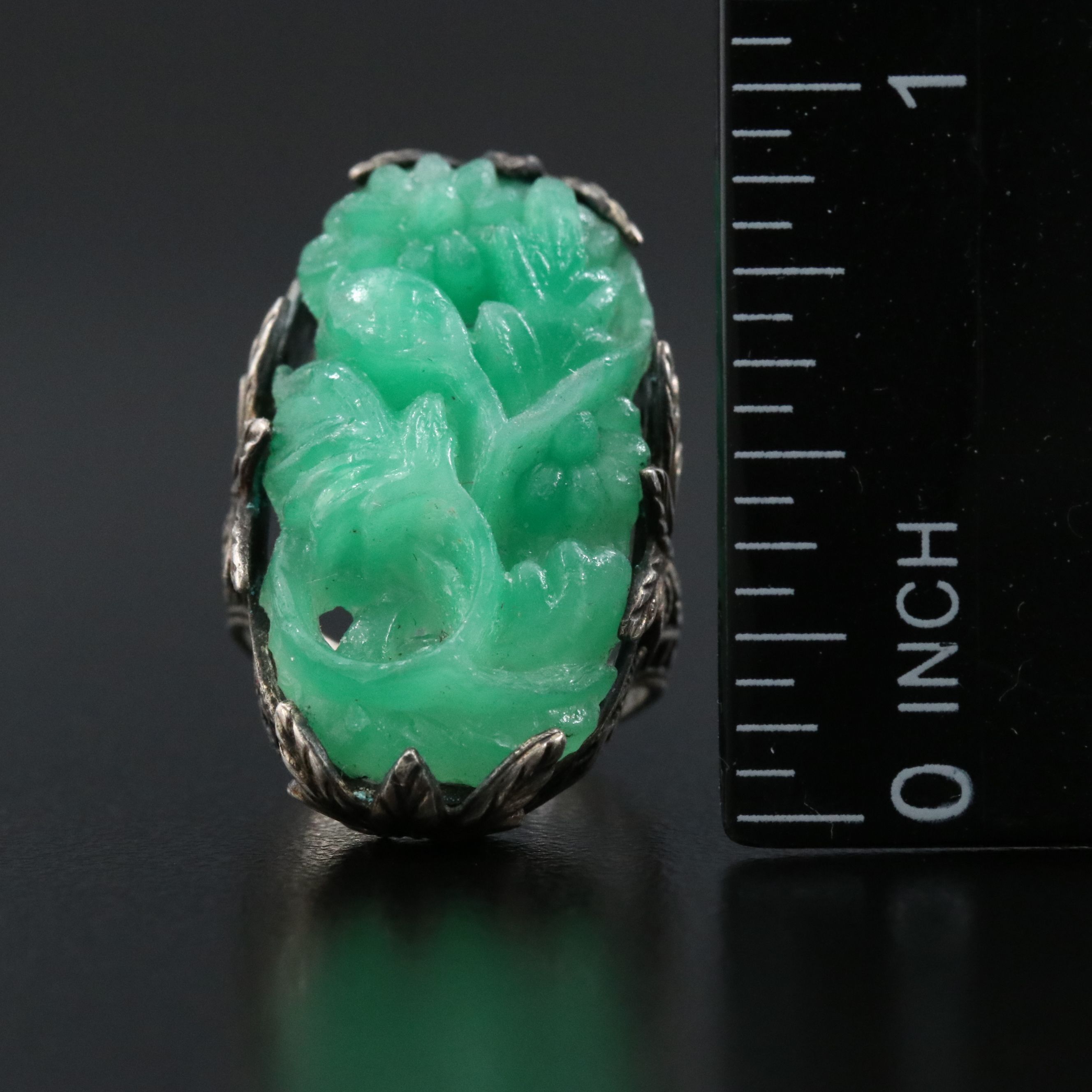 Art Deco Sterling Faux Jade Floral Ring