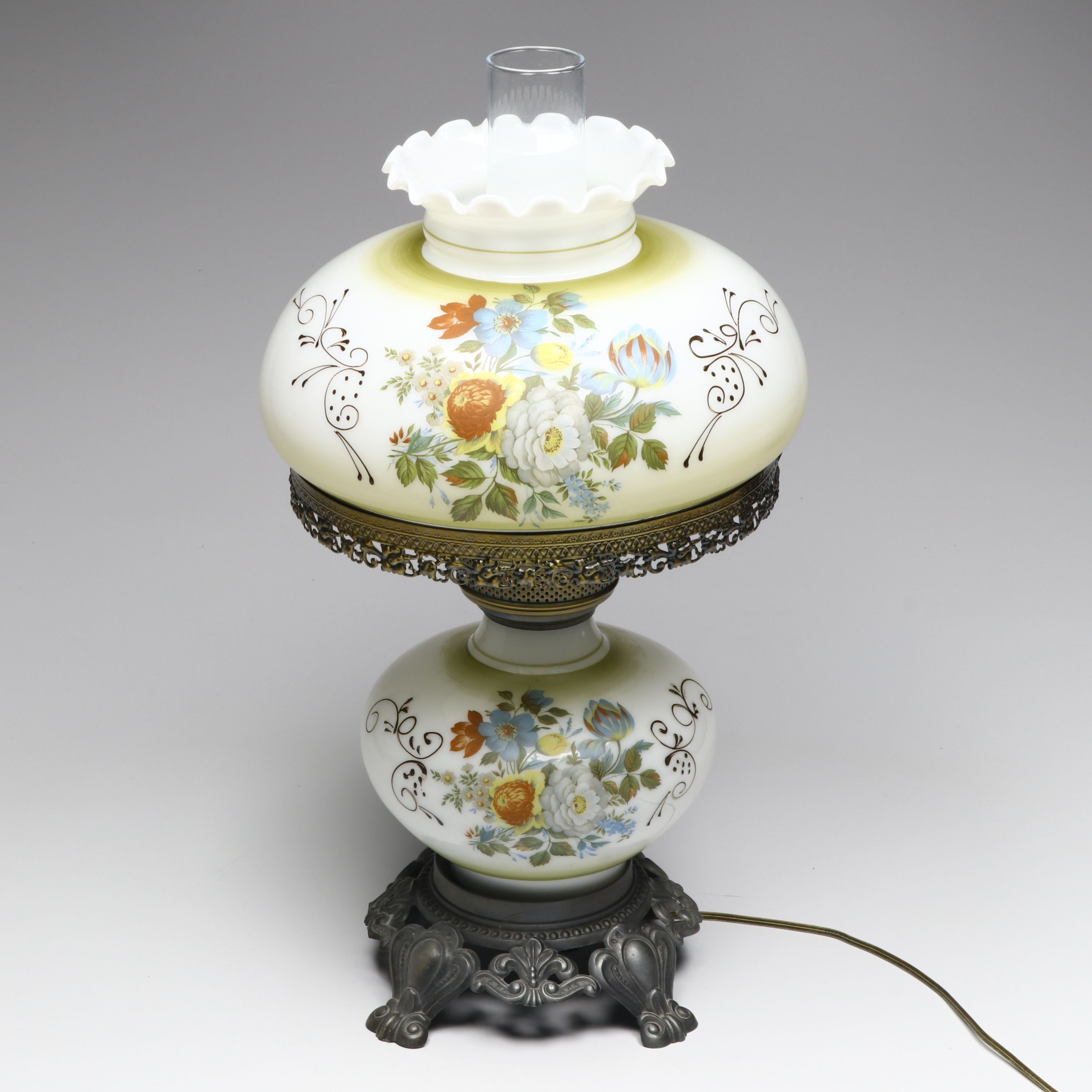 Victorian Hurricane Parlor Electric Lamp with Hand-Painted Milk Glass Shade