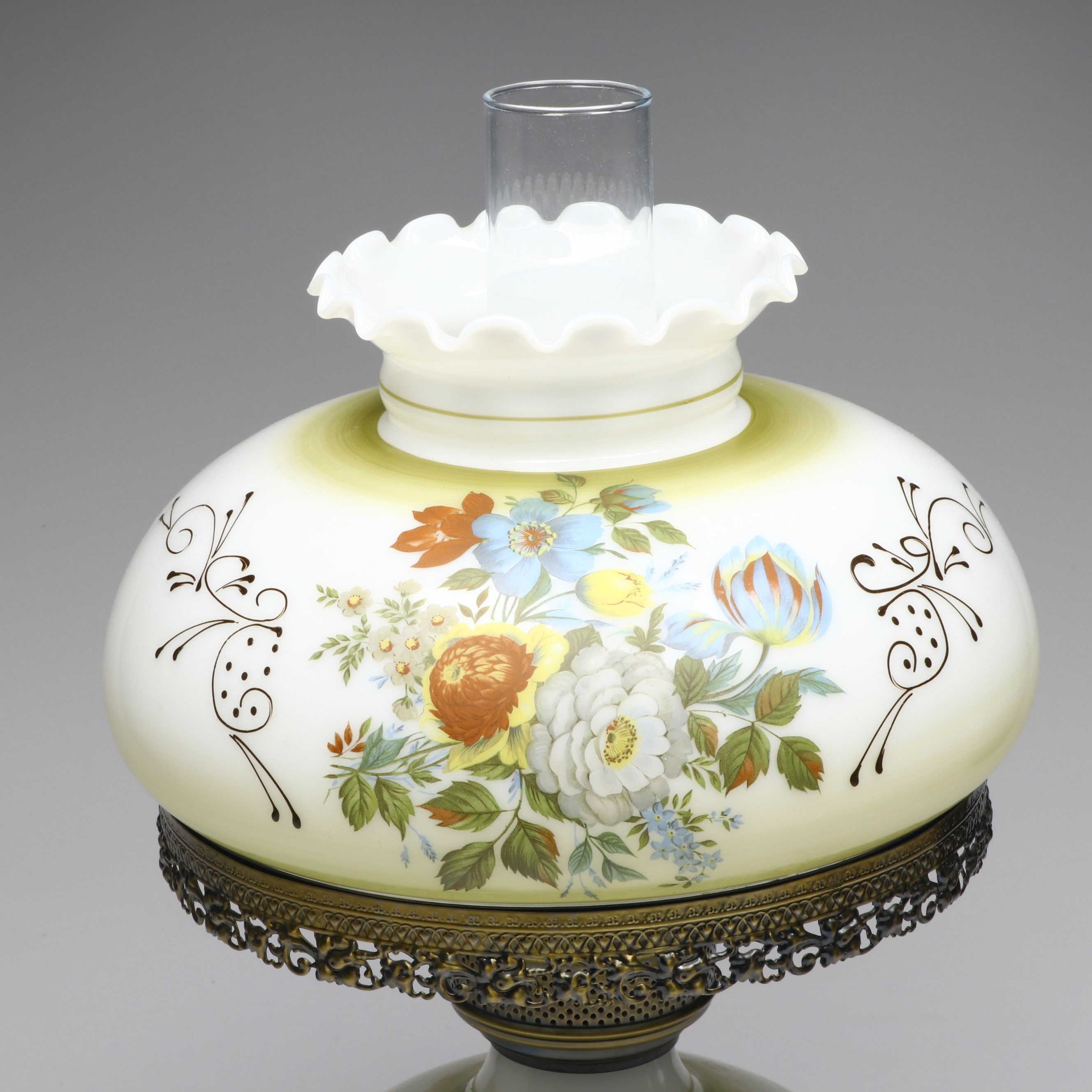 Victorian Hurricane Parlor Electric Lamp with Hand-Painted Milk Glass Shade