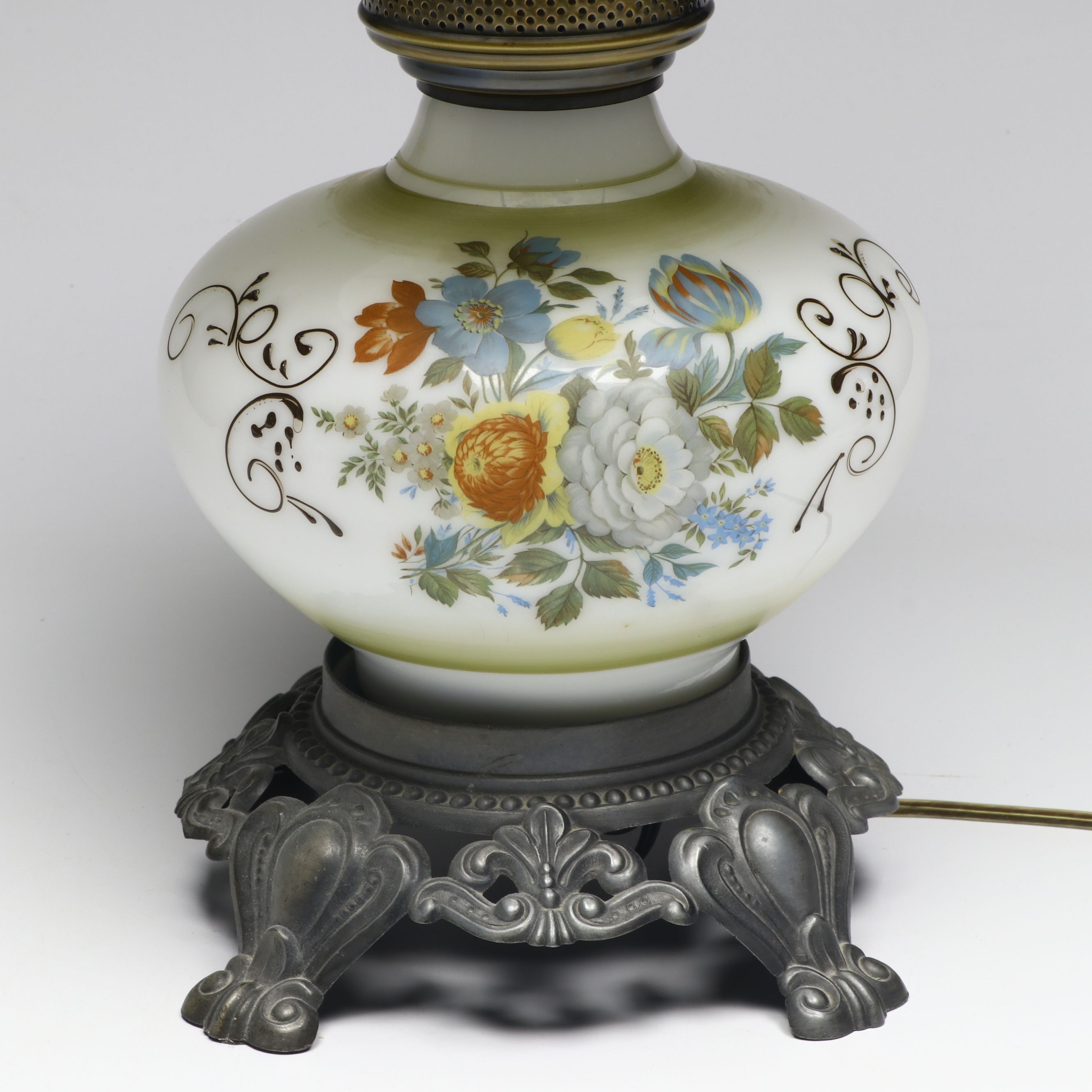 Victorian Hurricane Parlor Electric Lamp with Hand-Painted Milk Glass Shade