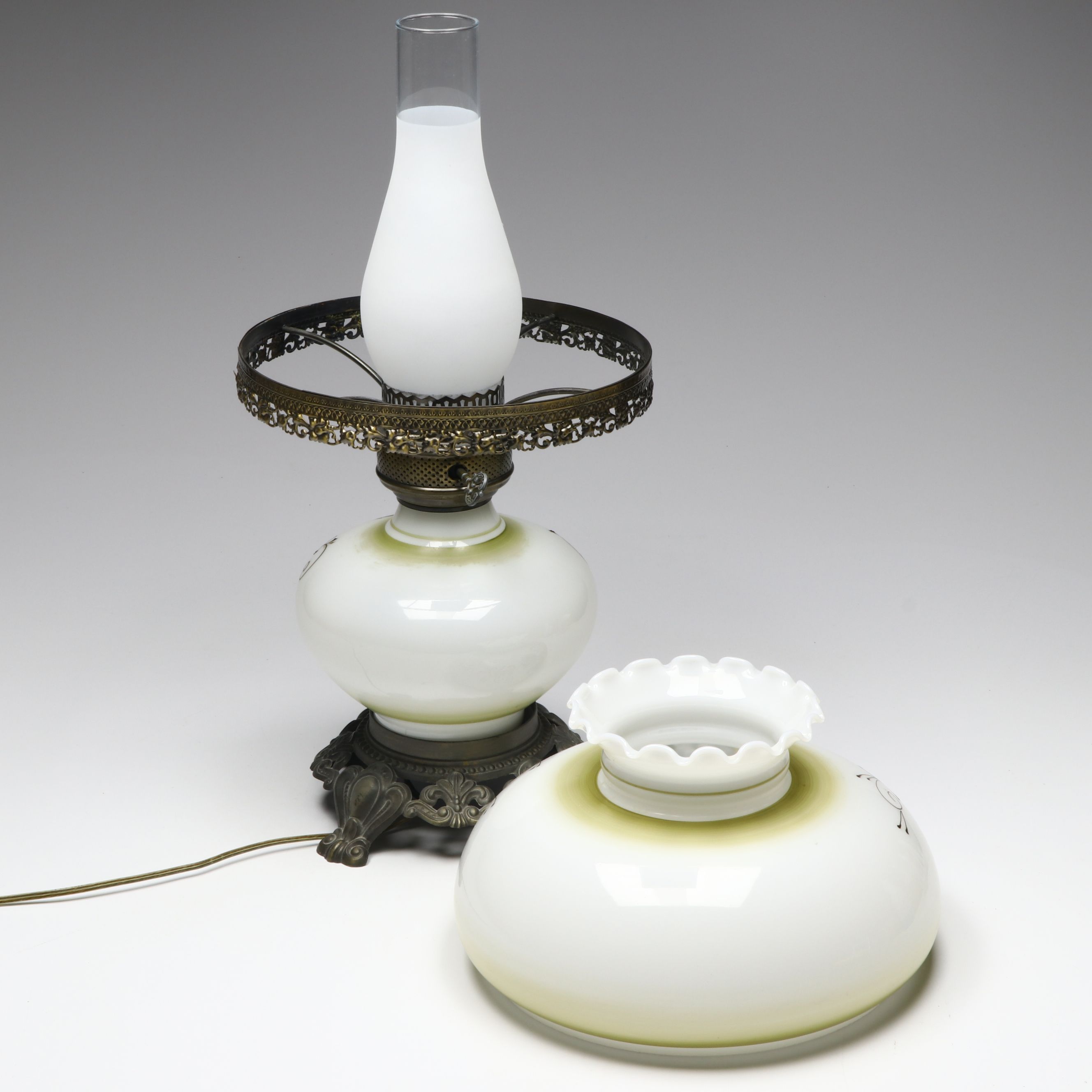 Victorian Hurricane Parlor Electric Lamp with Hand-Painted Milk Glass Shade