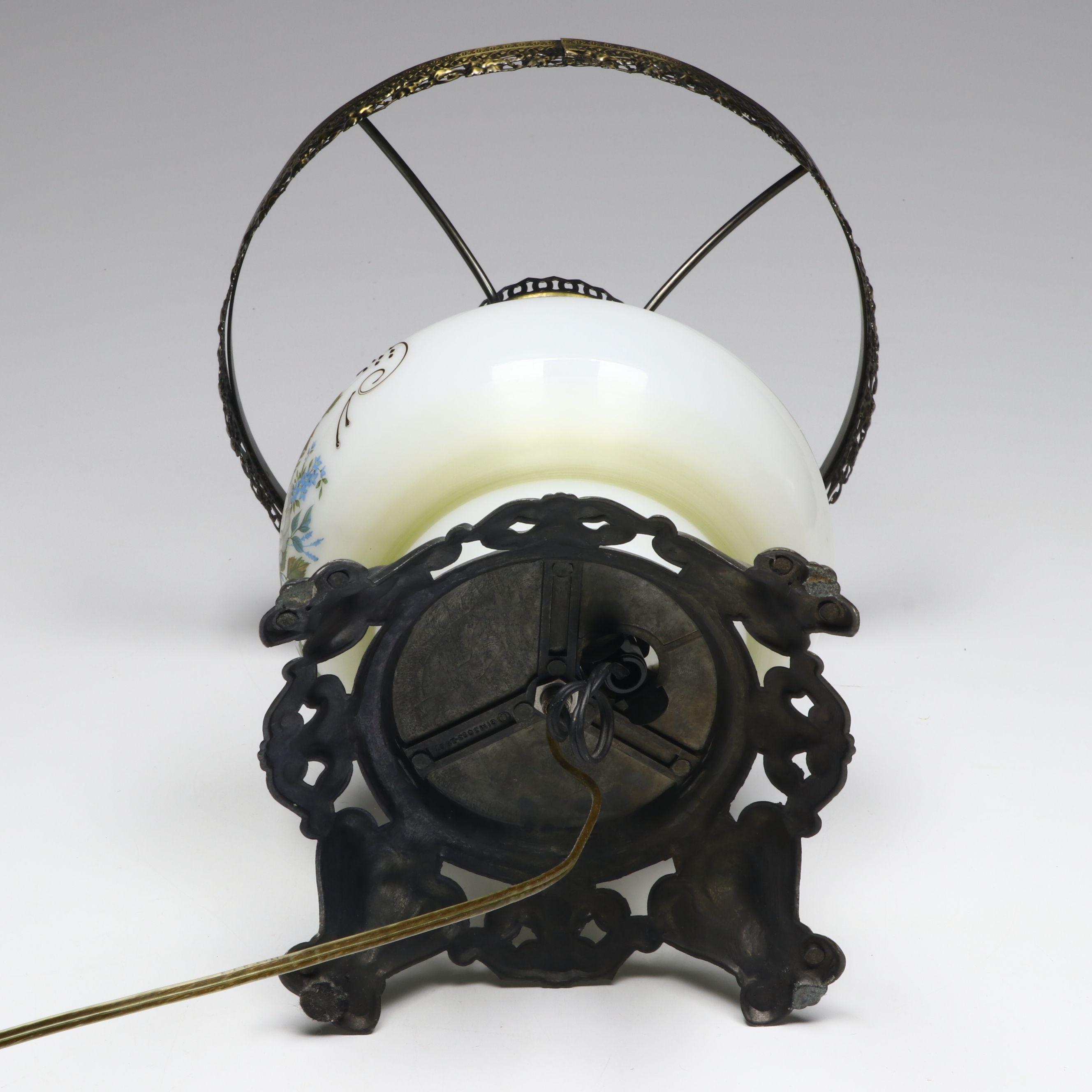 Victorian Hurricane Parlor Electric Lamp with Hand-Painted Milk Glass Shade