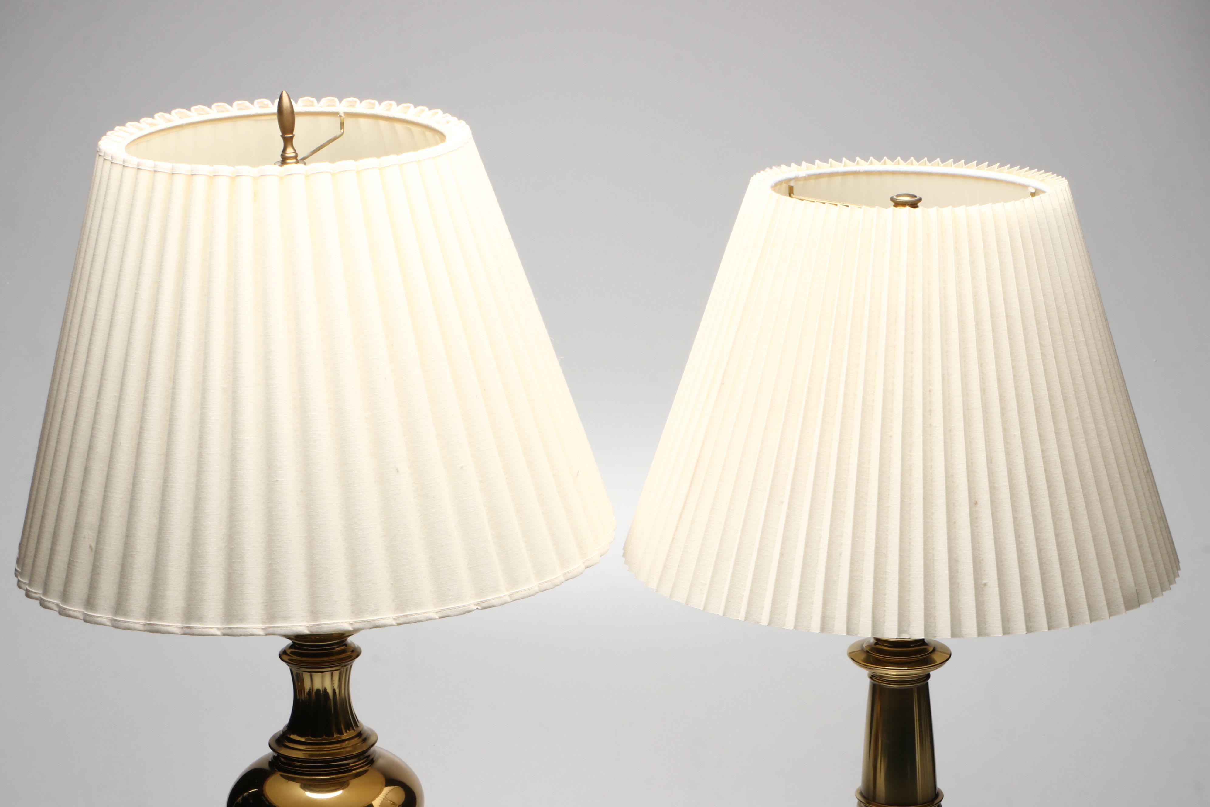Stiffel Style Turned Brass Finish Table Lamps with Pleated Bell Shades