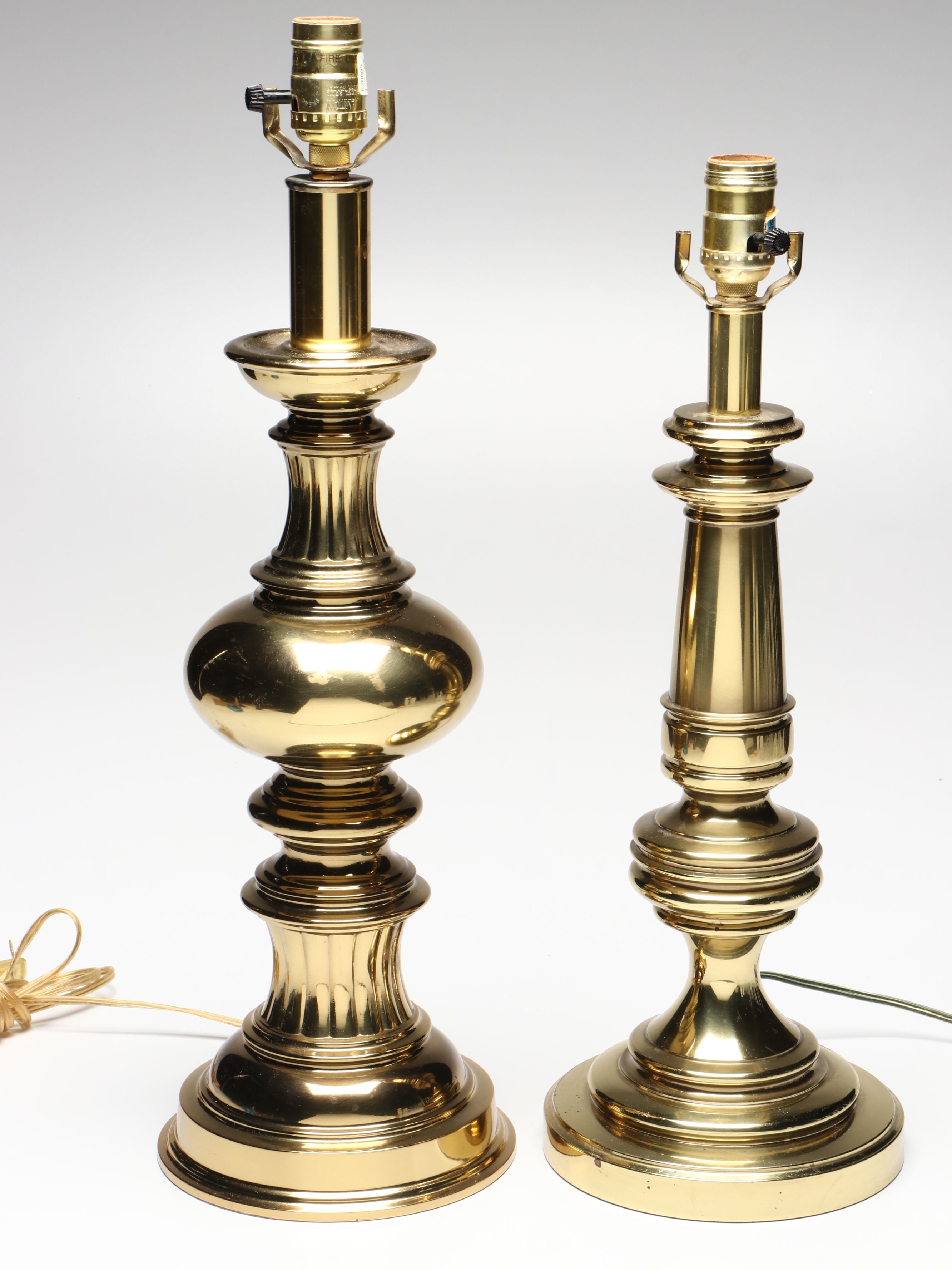 Stiffel Style Turned Brass Finish Table Lamps with Pleated Bell Shades