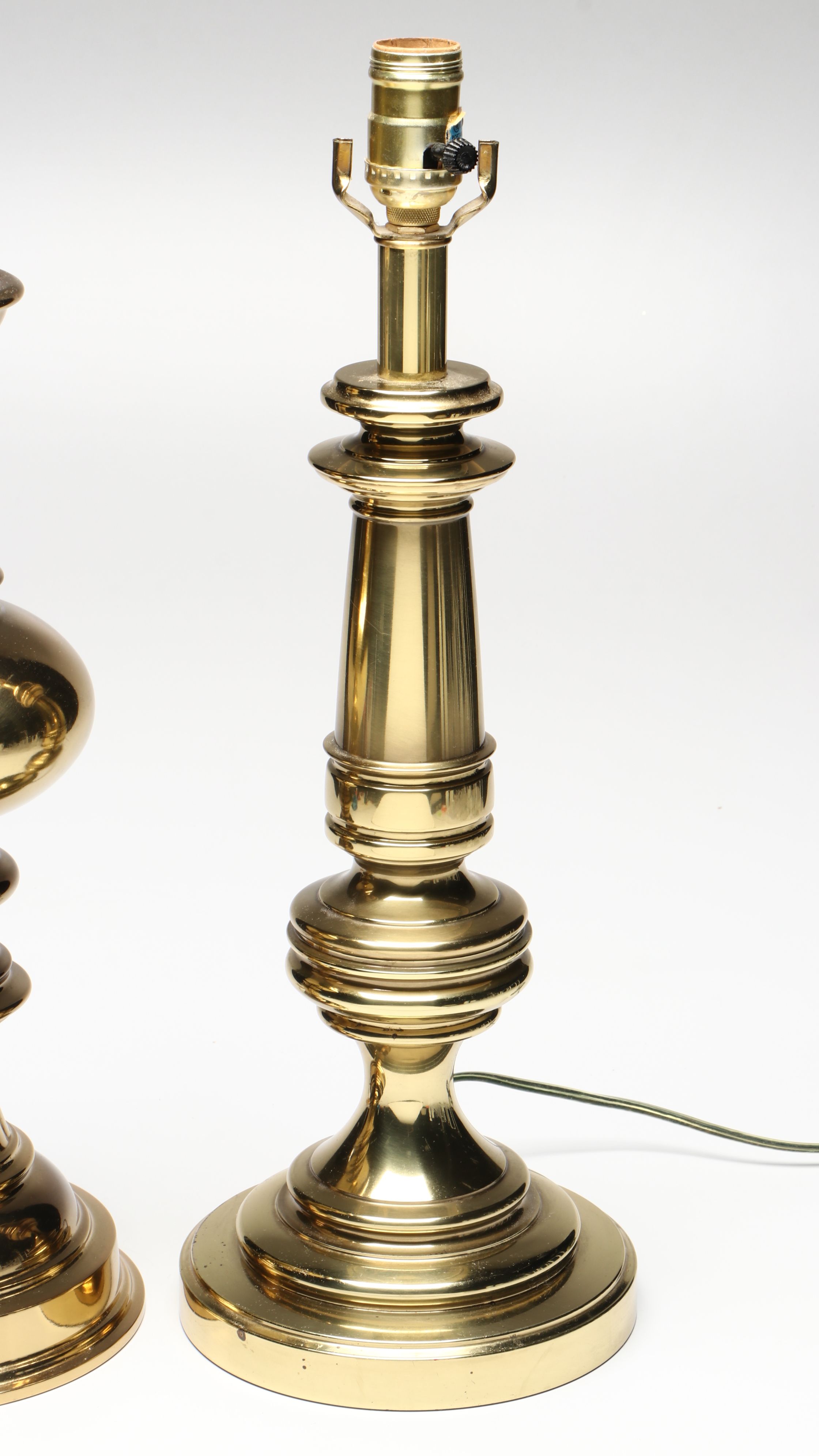 Stiffel Style Turned Brass Finish Table Lamps with Pleated Bell Shades