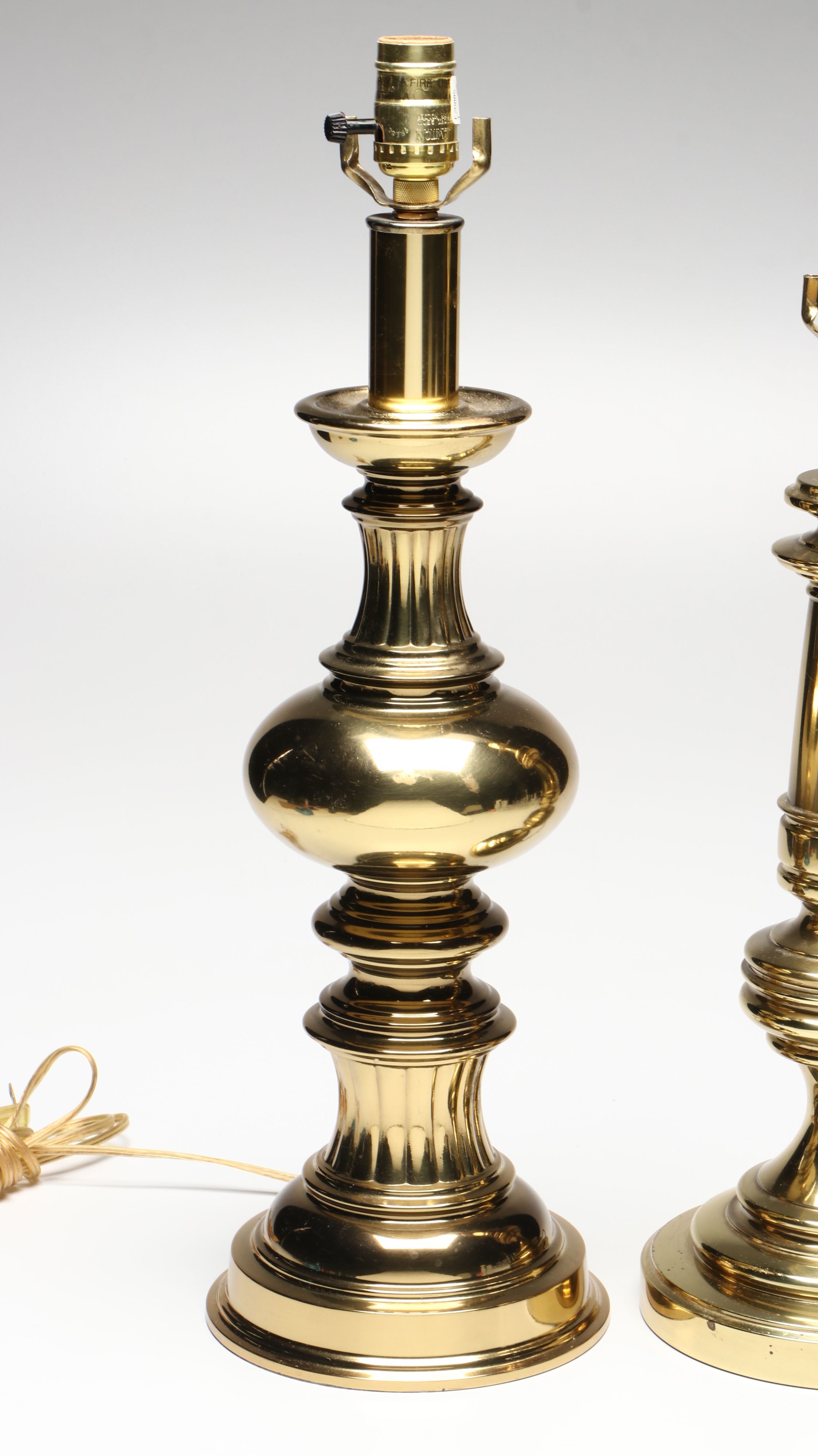 Stiffel Style Turned Brass Finish Table Lamps with Pleated Bell Shades