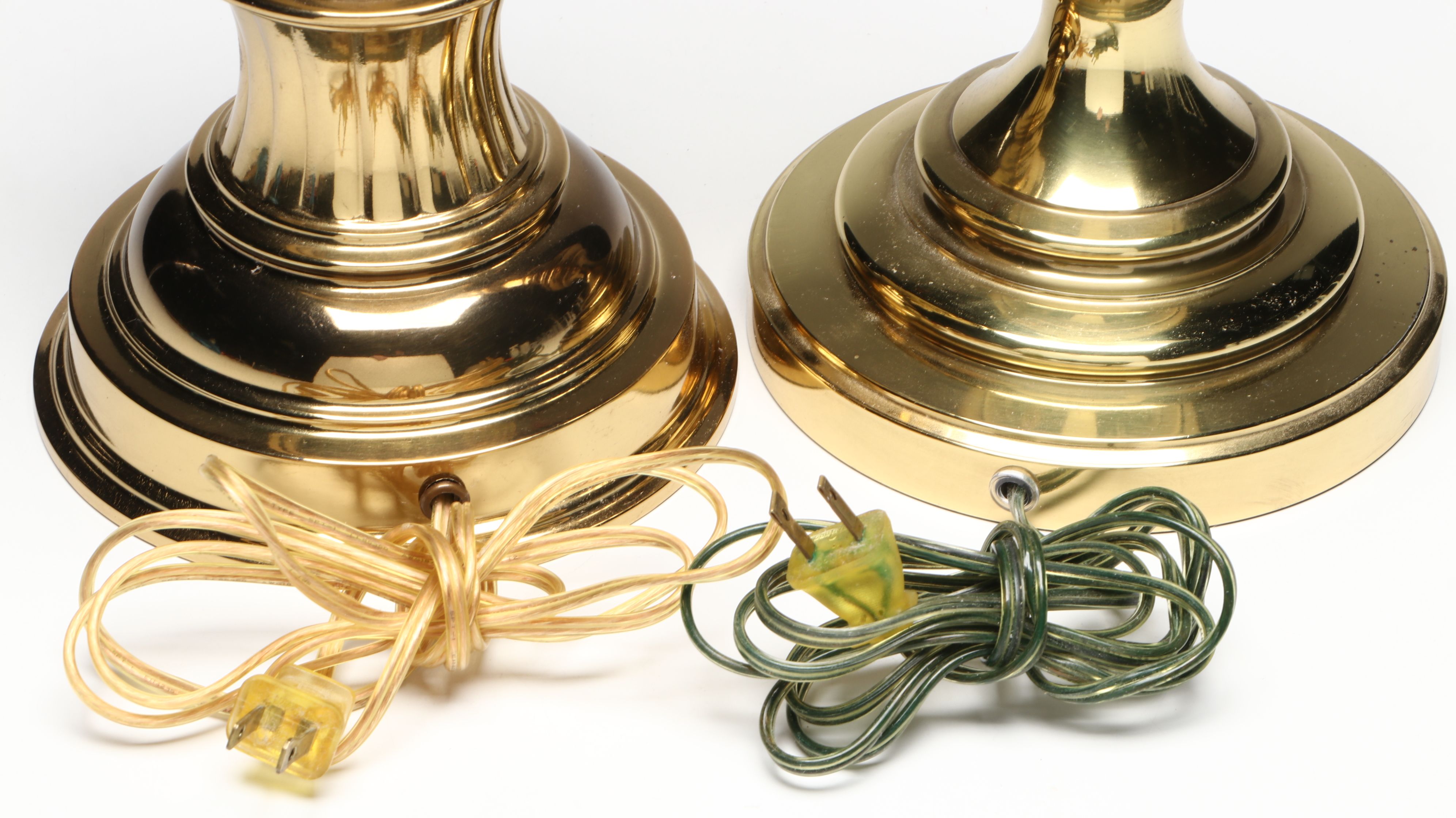 Stiffel Style Turned Brass Finish Table Lamps with Pleated Bell Shades