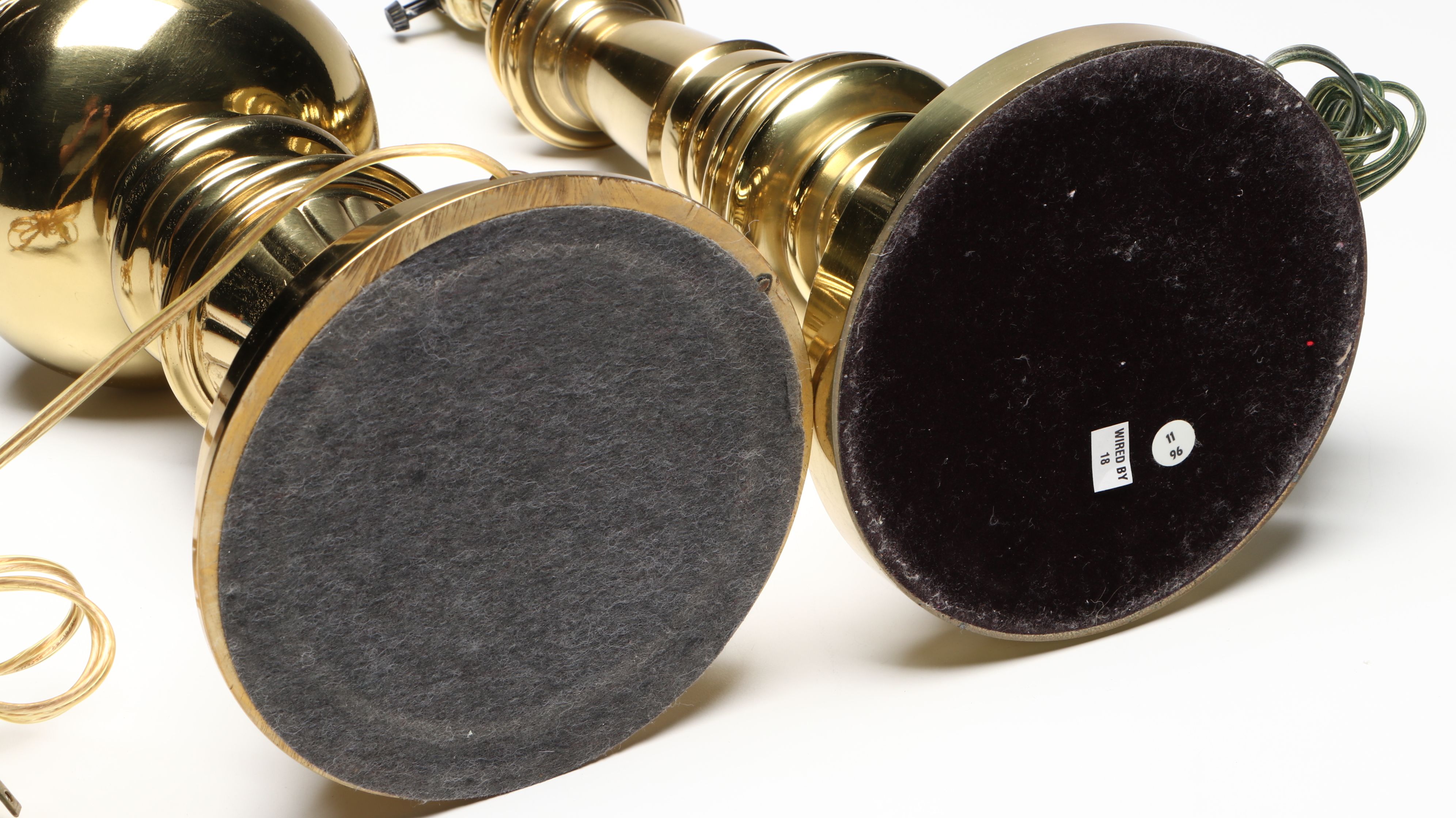 Stiffel Style Turned Brass Finish Table Lamps with Pleated Bell Shades