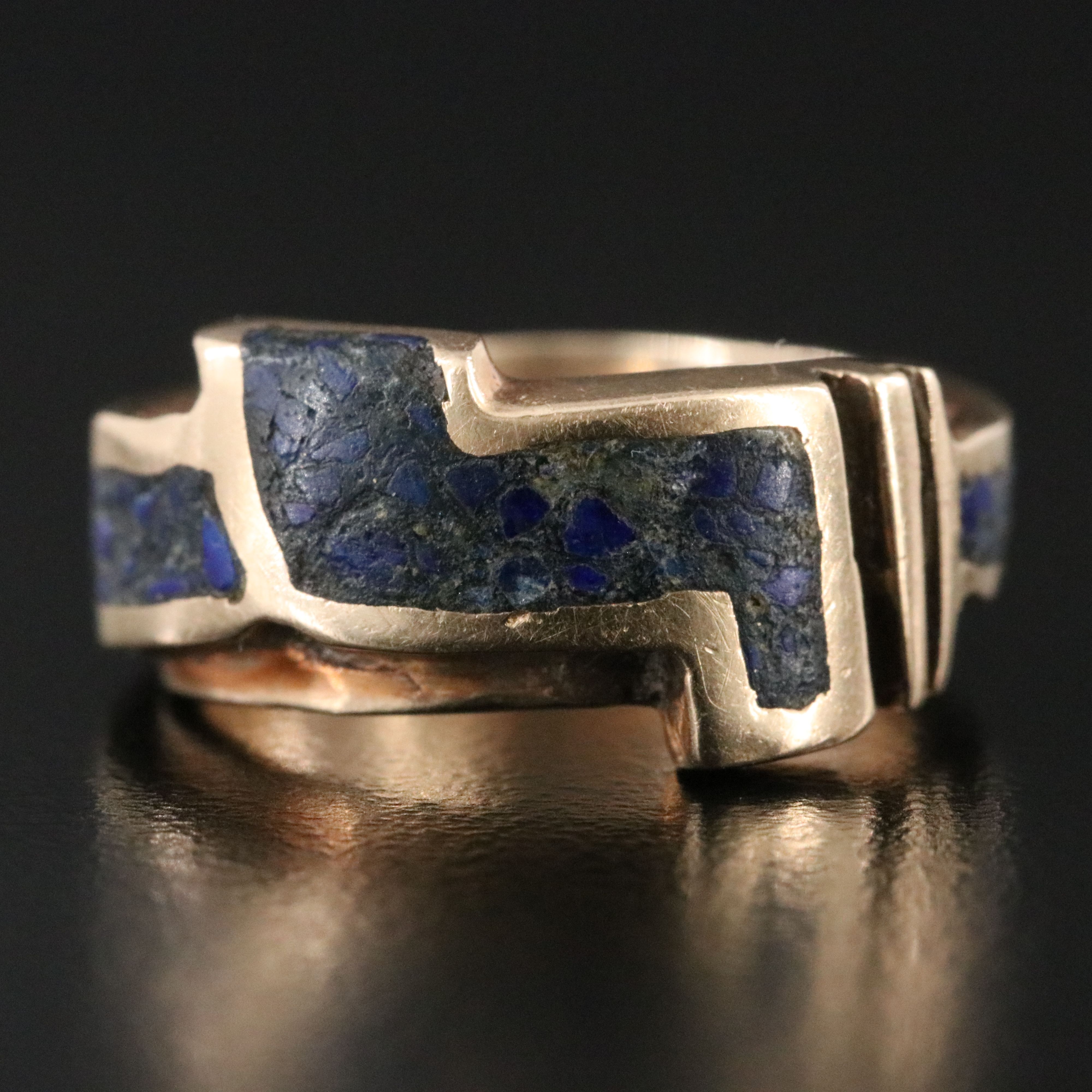 Artist Signed 14K Chip Stone Inlay Gemstone Ring