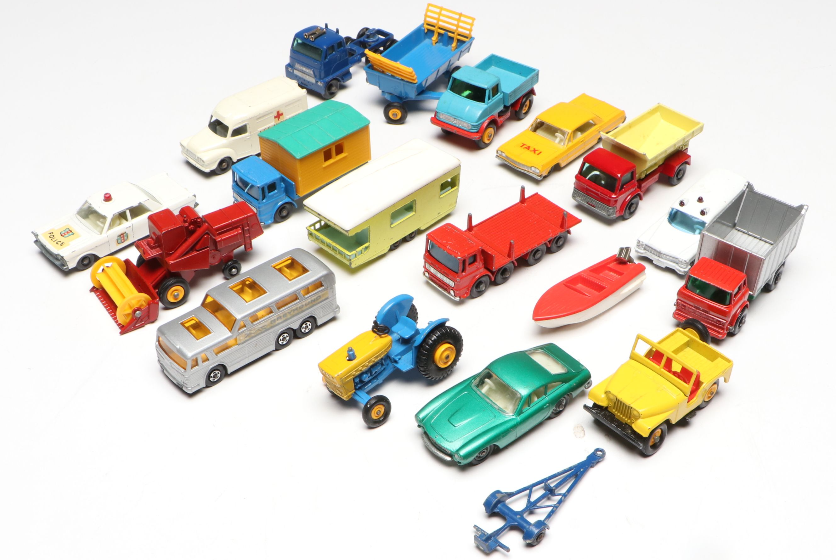 Lesney "Matchbox" Yellow Jeep with Boat Accessory and Other Metal Toy Model Cars