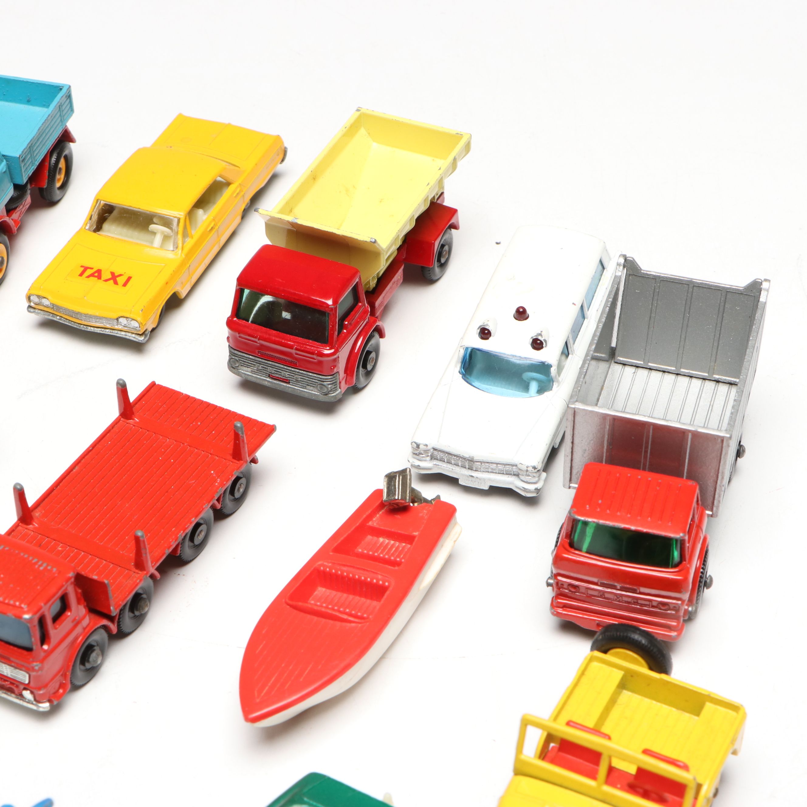 Lesney "Matchbox" Yellow Jeep with Boat Accessory and Other Metal Toy Model Cars