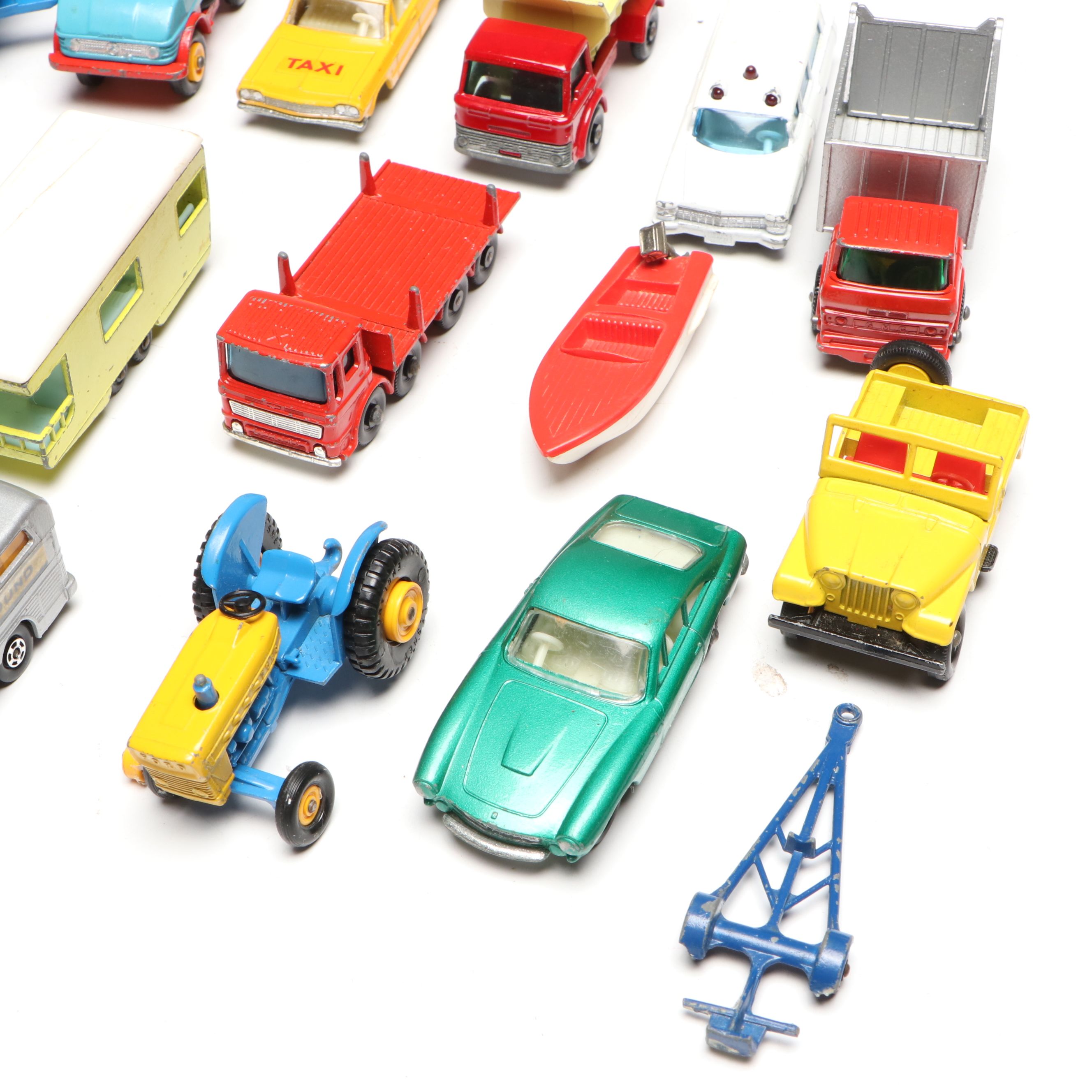 Lesney "Matchbox" Yellow Jeep with Boat Accessory and Other Metal Toy Model Cars