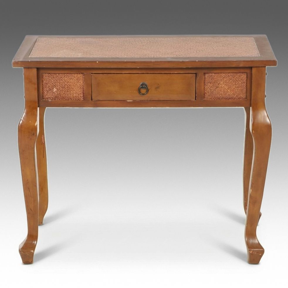 French Provincial Style Sofa Table with Woven Cane Accents