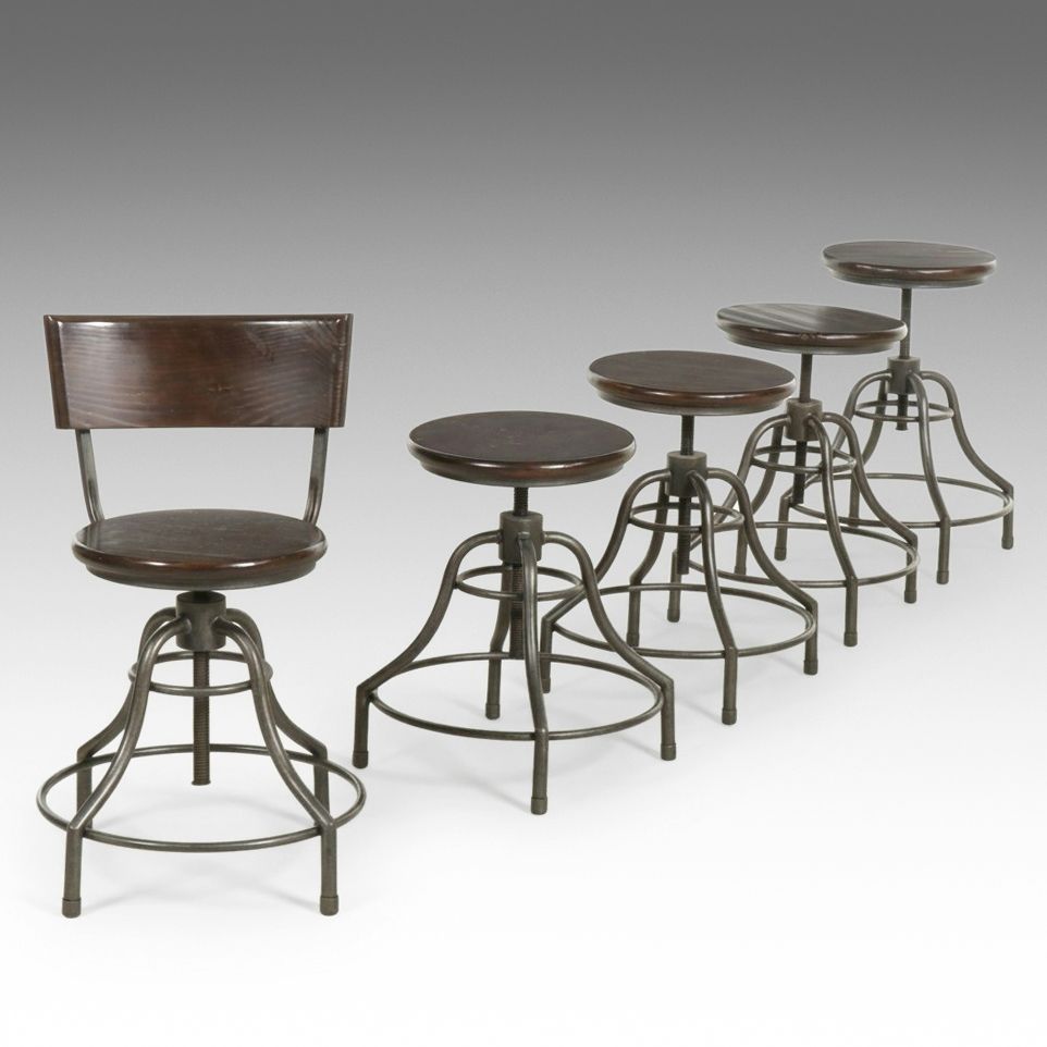 Five Industrial Style Adjustable Metal Stools with Wood Seats