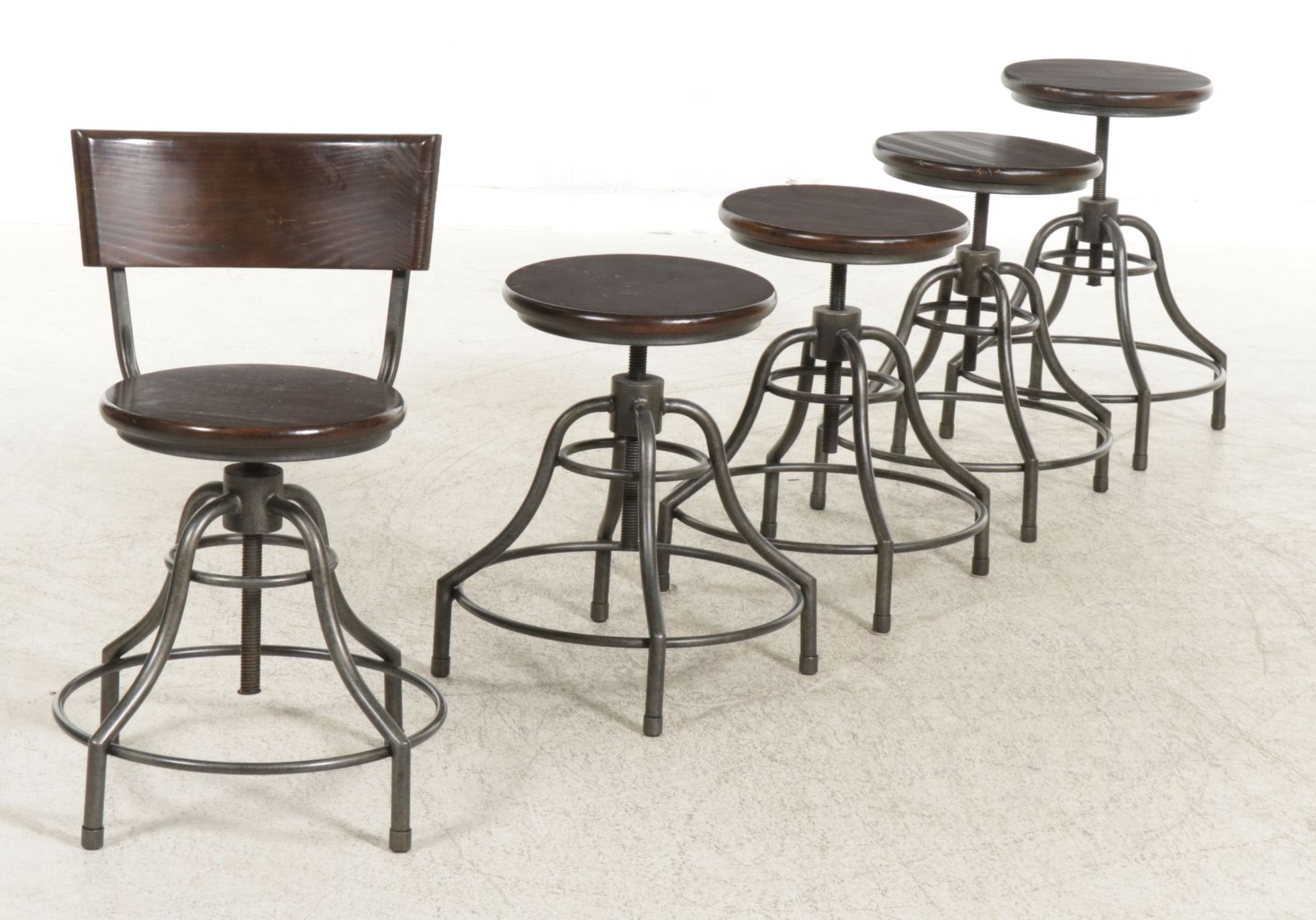 Five Industrial Style Adjustable Metal Stools with Wood Seats