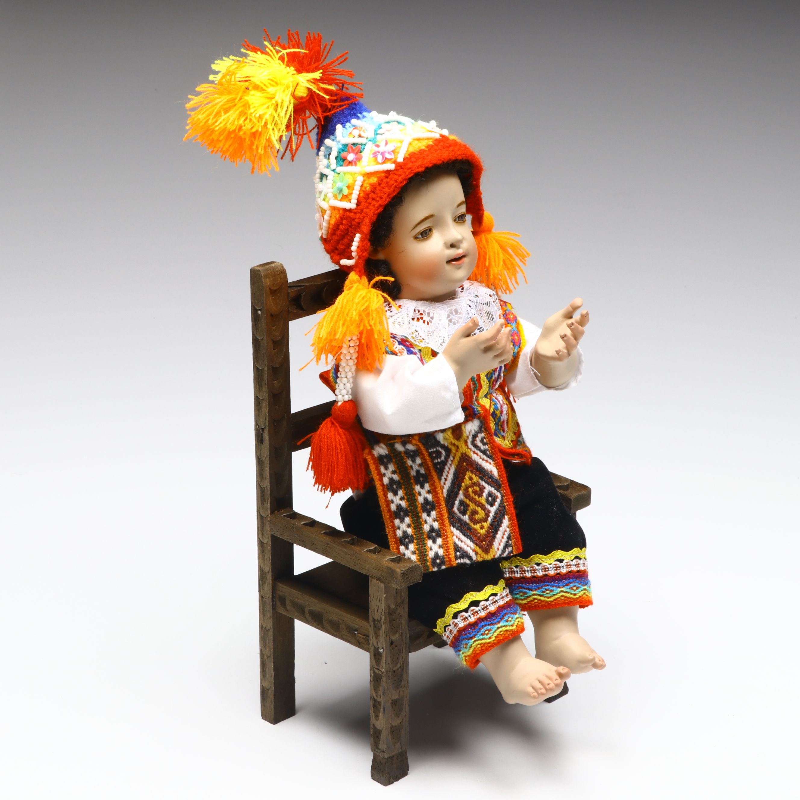 Cusco Peruvian Style Handcrafted Maguey Wood Niño Manuelito Doll with Chair