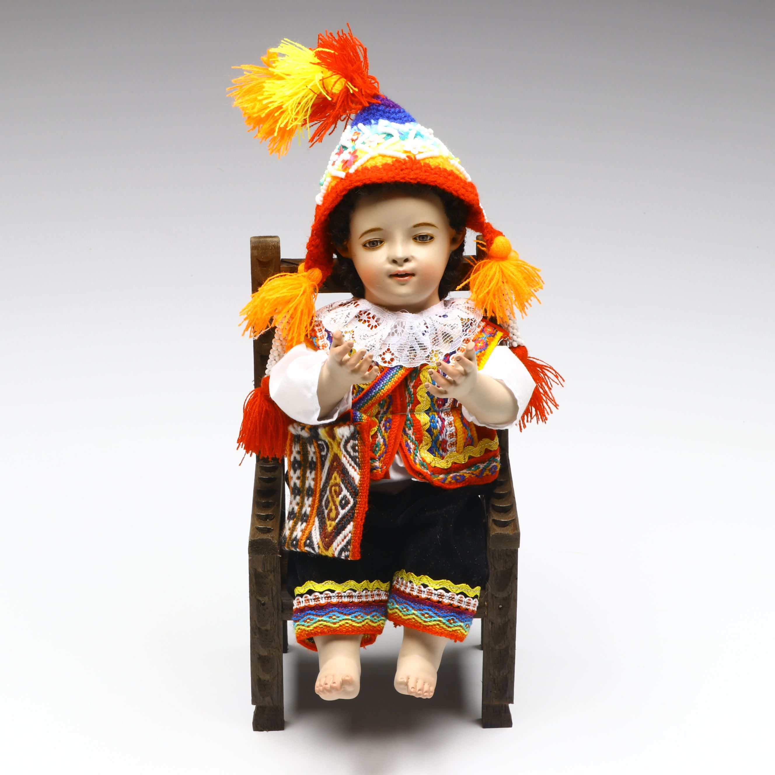 Cusco Peruvian Style Handcrafted Maguey Wood Niño Manuelito Doll with Chair