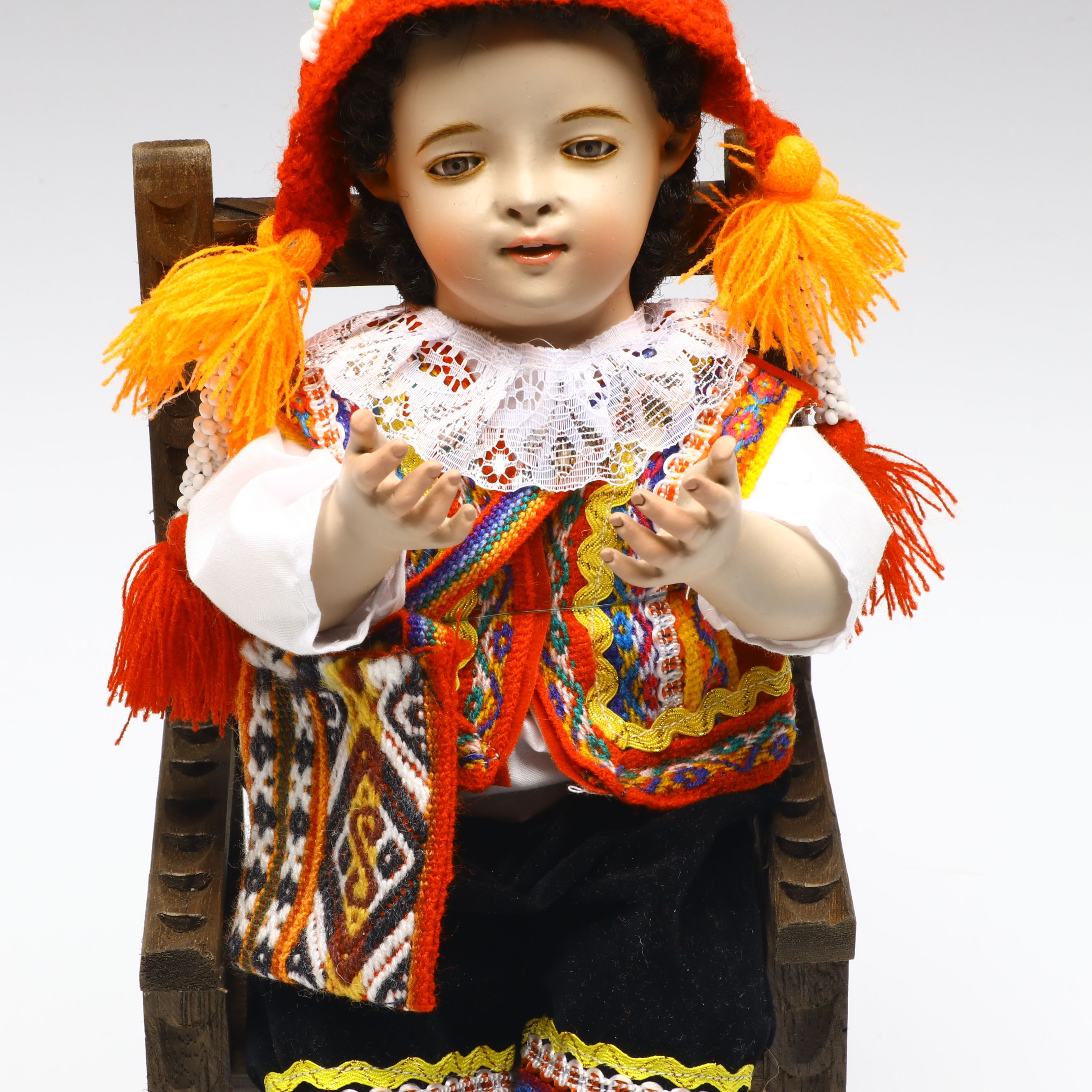 Cusco Peruvian Style Handcrafted Maguey Wood Niño Manuelito Doll with Chair