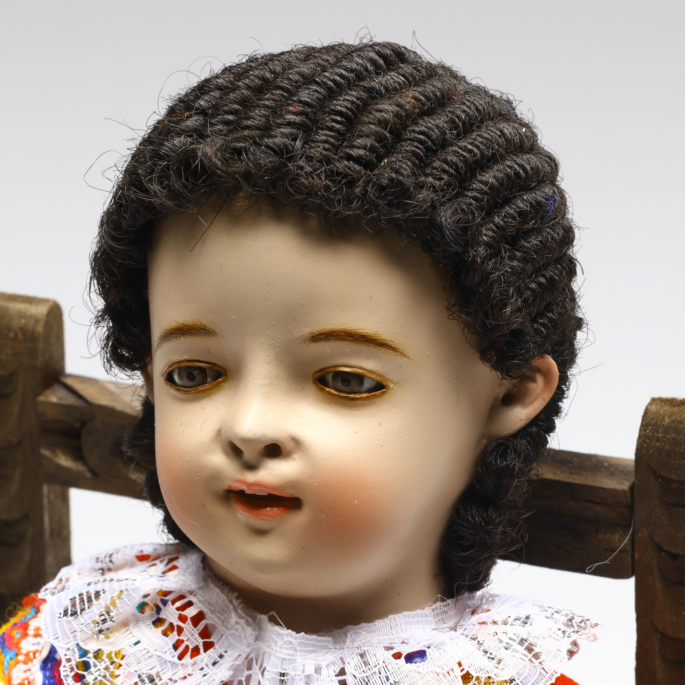 Cusco Peruvian Style Handcrafted Maguey Wood Niño Manuelito Doll with Chair