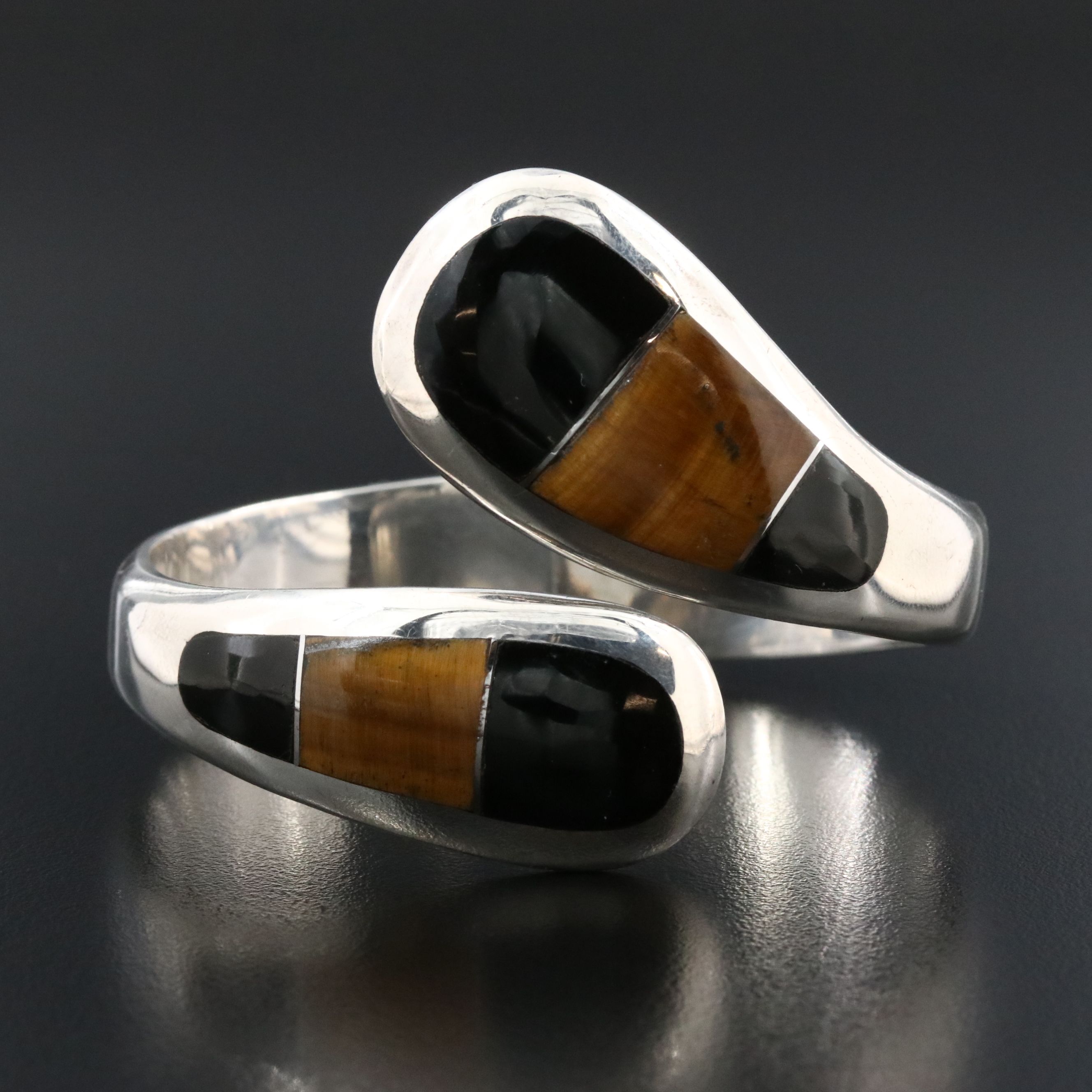 Mexican Modernist 950 Silver Tiger's Eye and Obsidian Inlay Bypass Bracelet