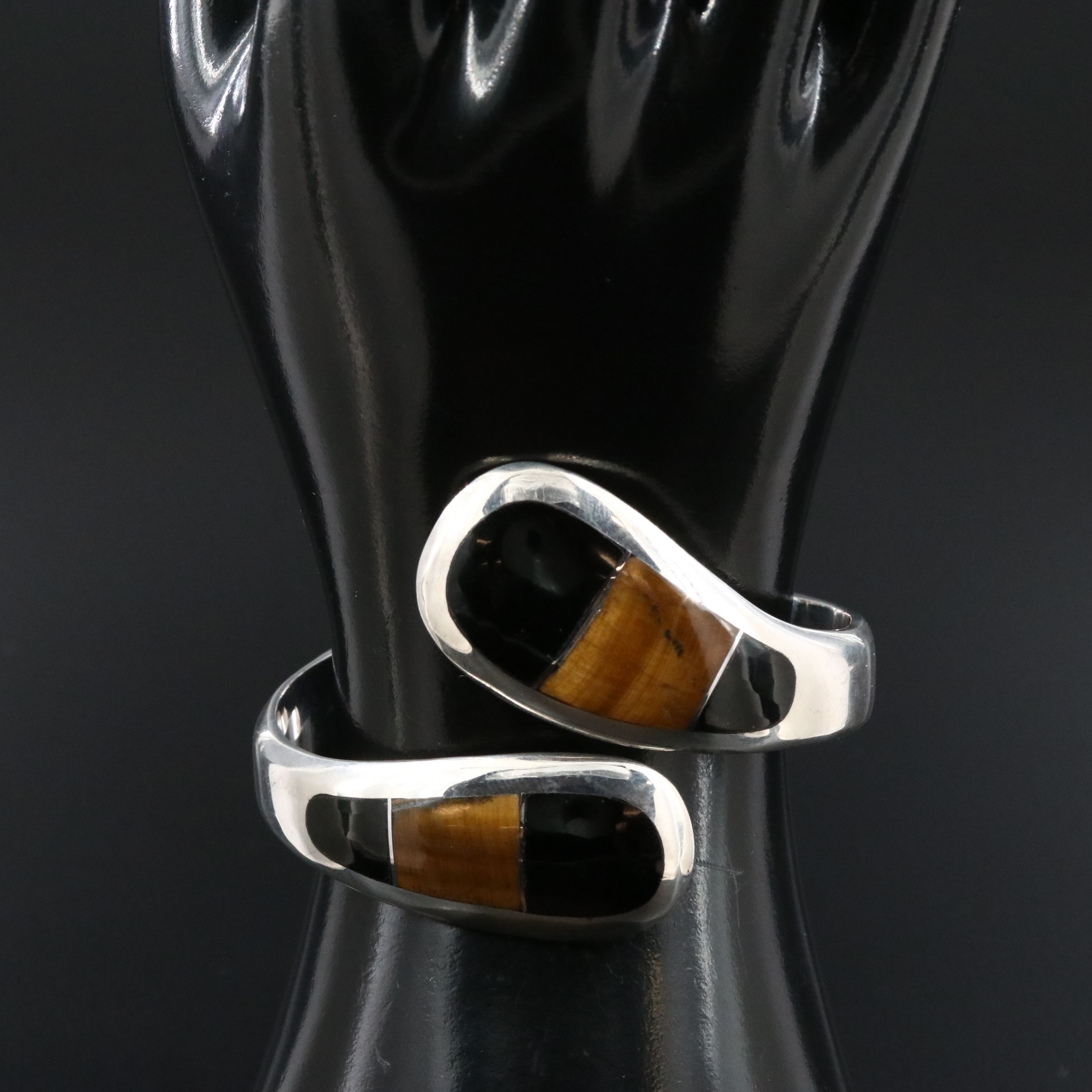Mexican Modernist 950 Silver Tiger's Eye and Obsidian Inlay Bypass Bracelet