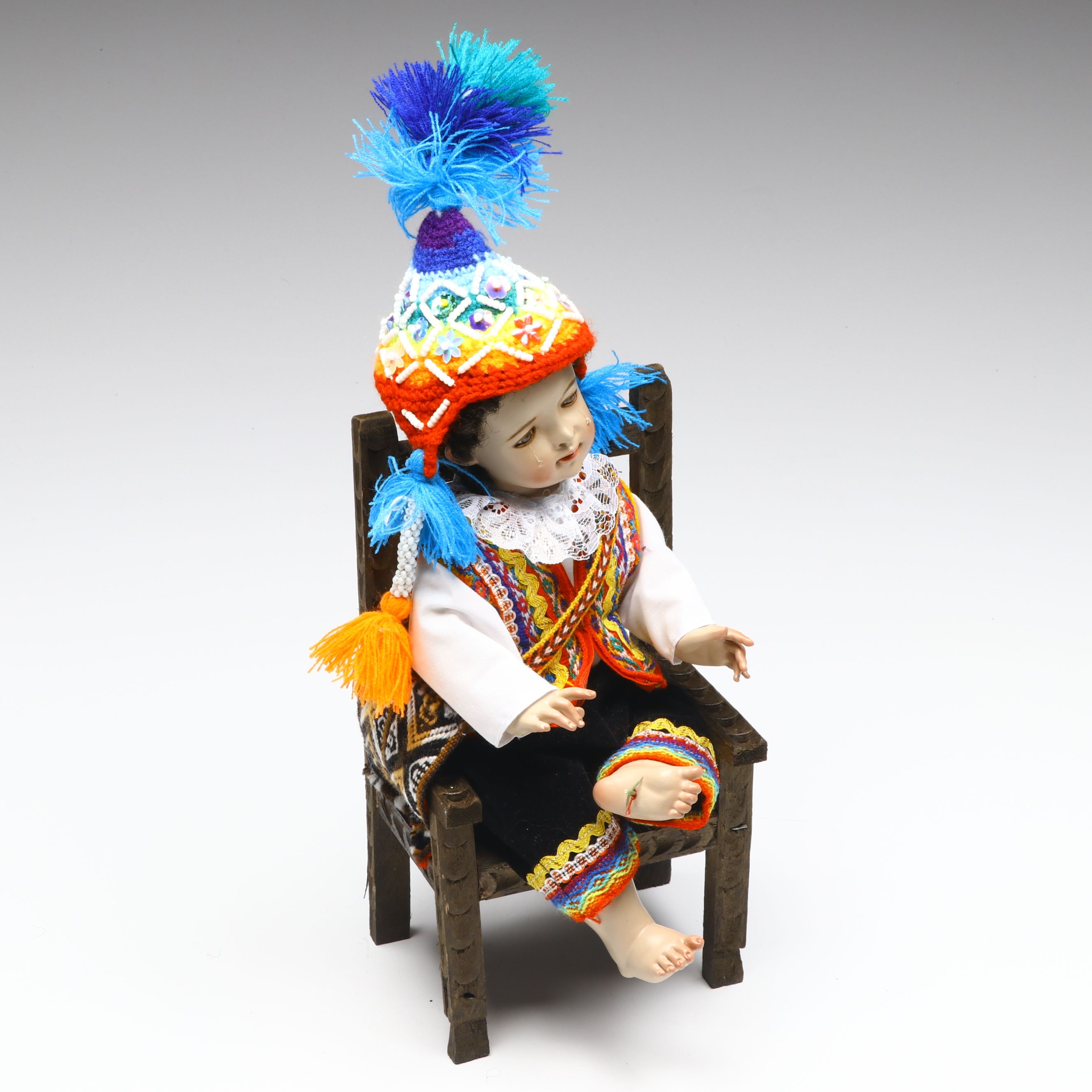 Cusco Peruvian Style Handcrafted Maguey Wood Niño Manuelito Doll with Chair