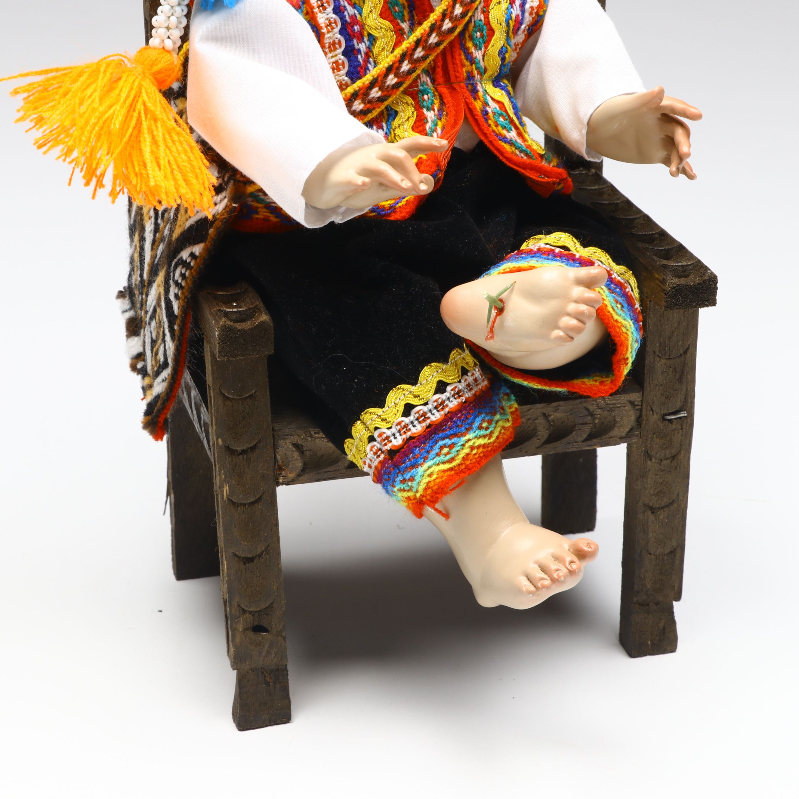 Cusco Peruvian Style Handcrafted Maguey Wood Niño Manuelito Doll with Chair