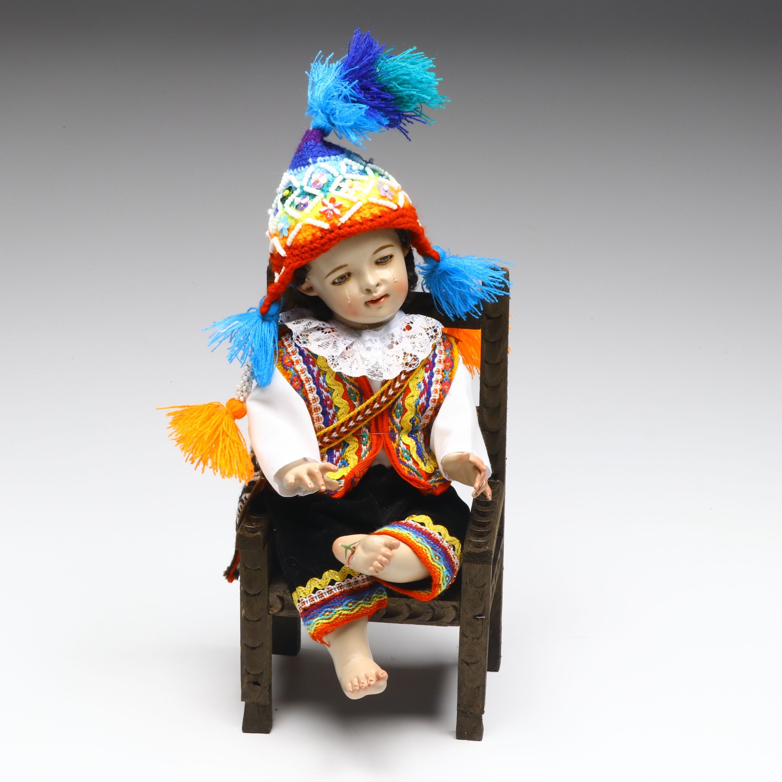 Cusco Peruvian Style Handcrafted Maguey Wood Niño Manuelito Doll with Chair
