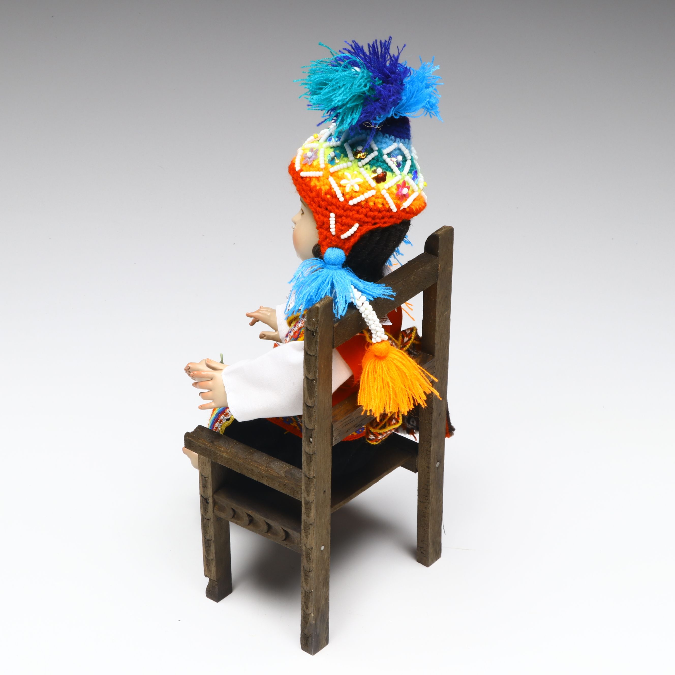 Cusco Peruvian Style Handcrafted Maguey Wood Niño Manuelito Doll with Chair