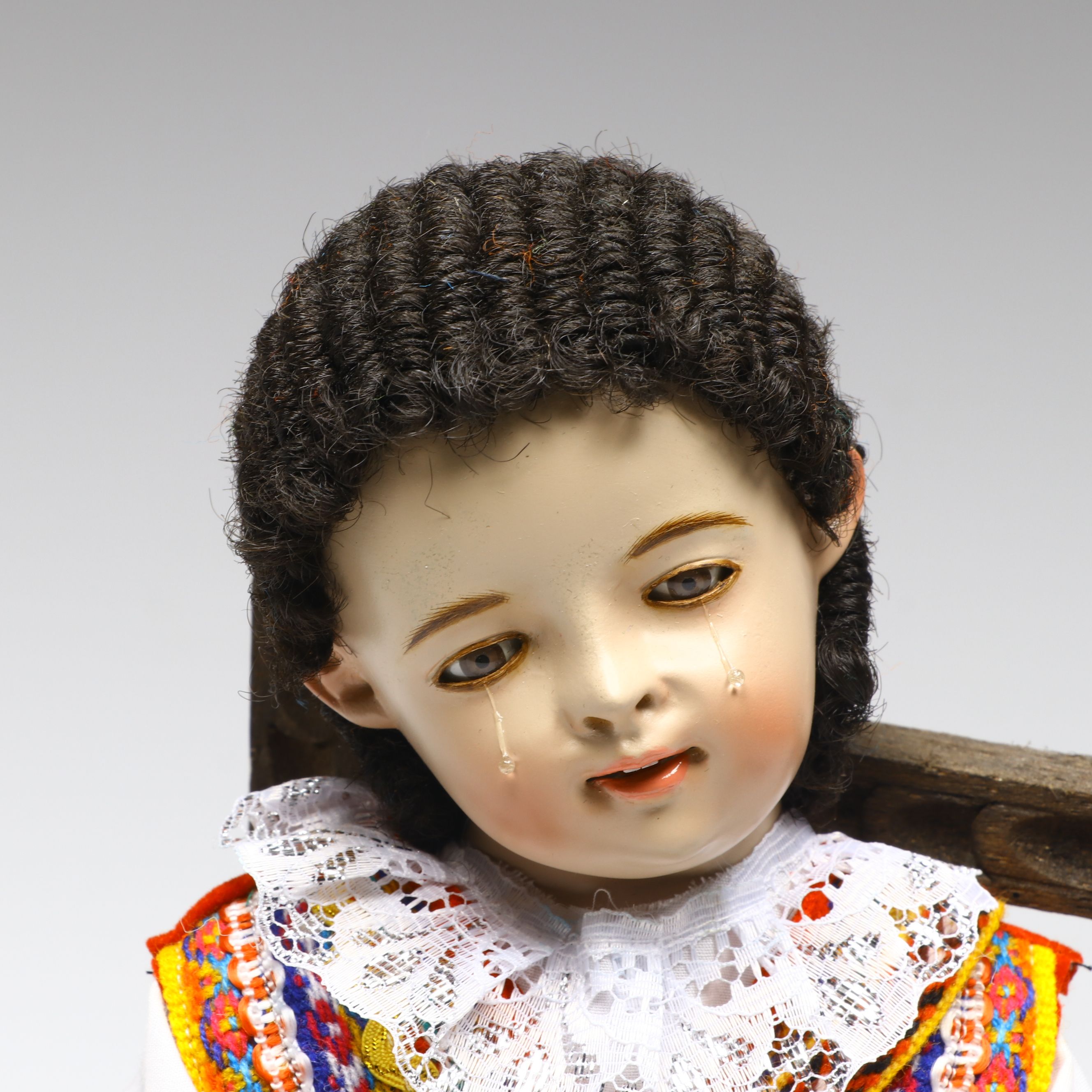 Cusco Peruvian Style Handcrafted Maguey Wood Niño Manuelito Doll with Chair