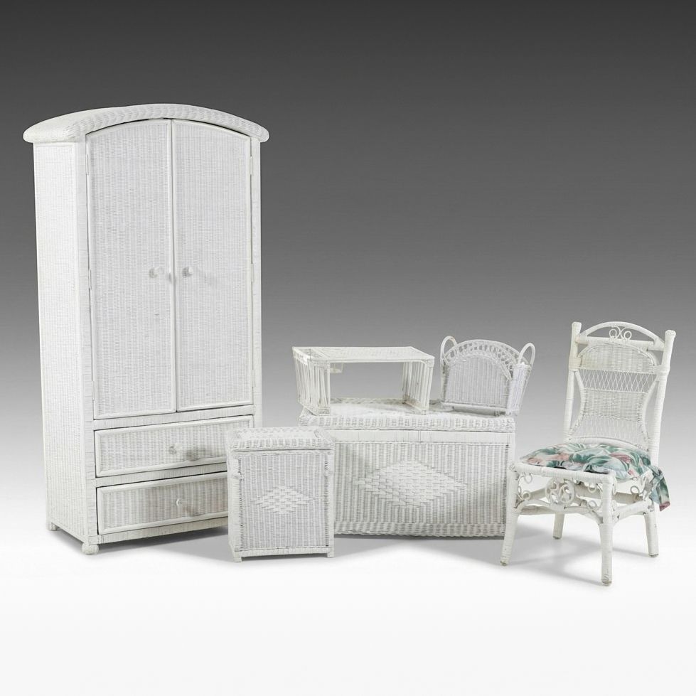 Seven-Piece White Woven Wicker Bedroom Accessory Suite, Late 20th Century