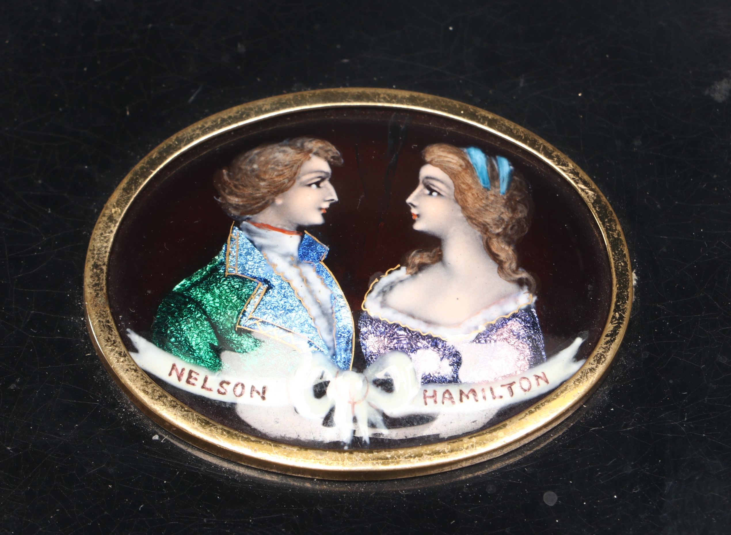 Vintage Enamel and Brass Compact with Pendant of Lord Nelson and Lady Hamilton