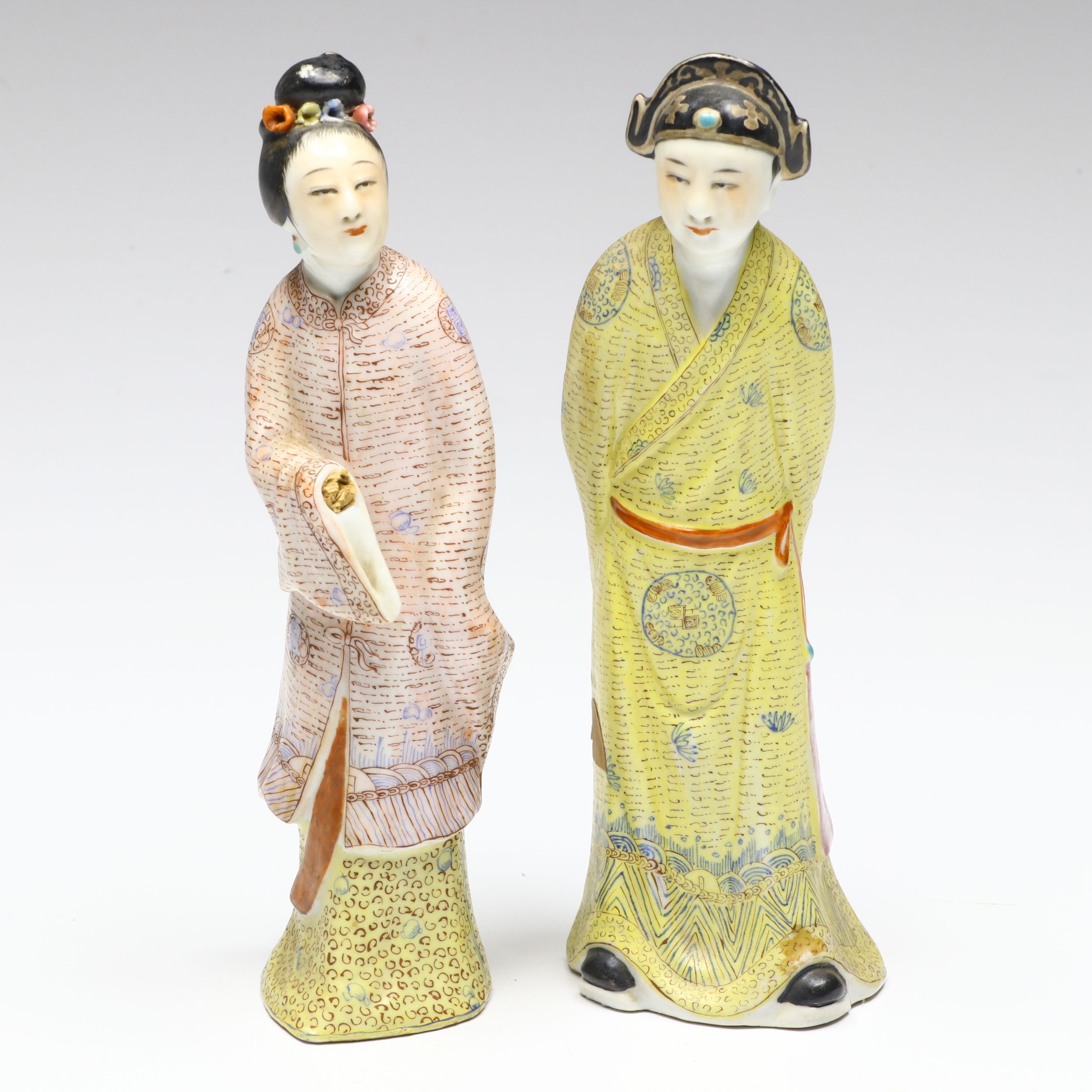 Chinese Famille Rose Traditionally Dressed Male and Female Porcelain Figures