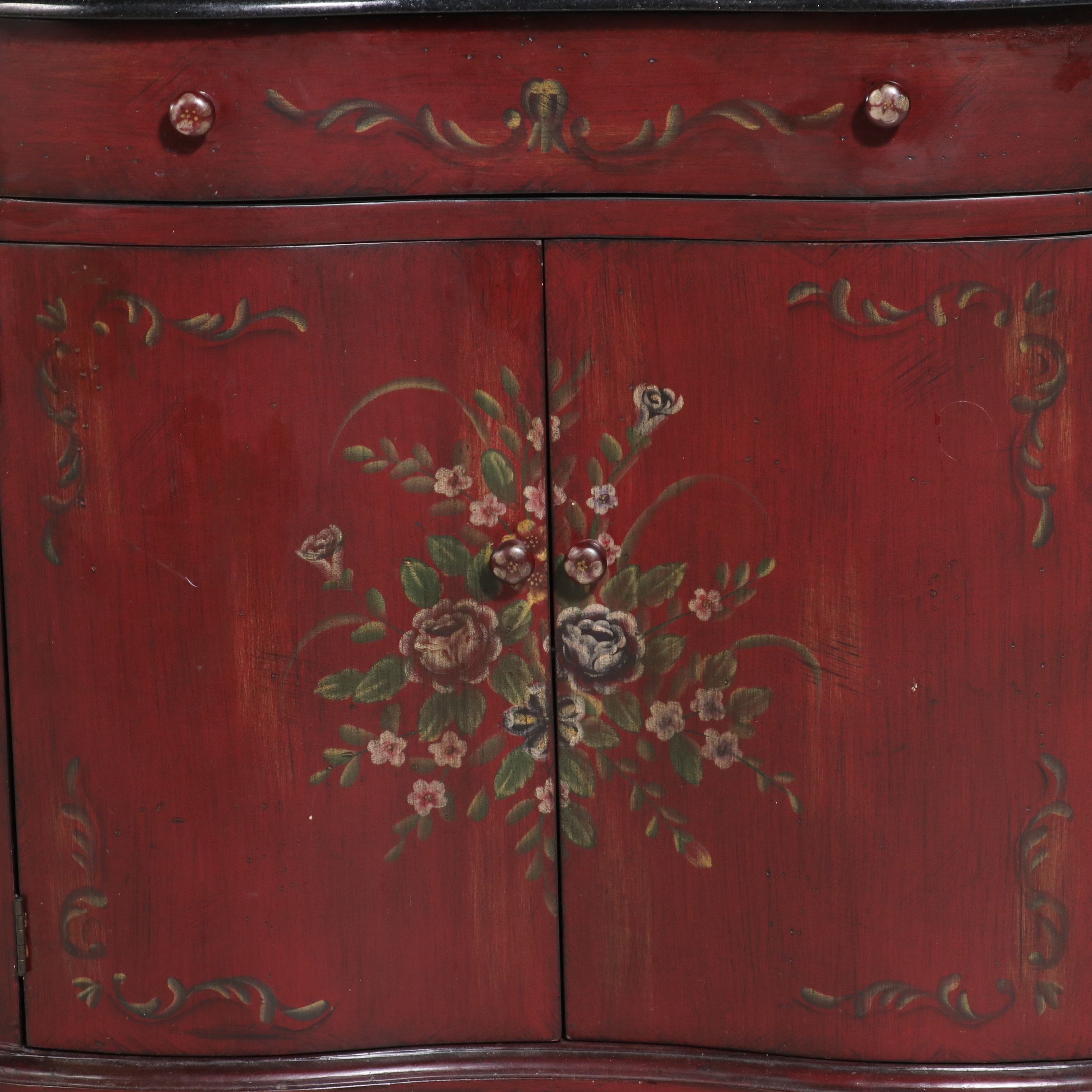 Painted Floral Bowfront Accent Commode with Black Top, Late 20th Century