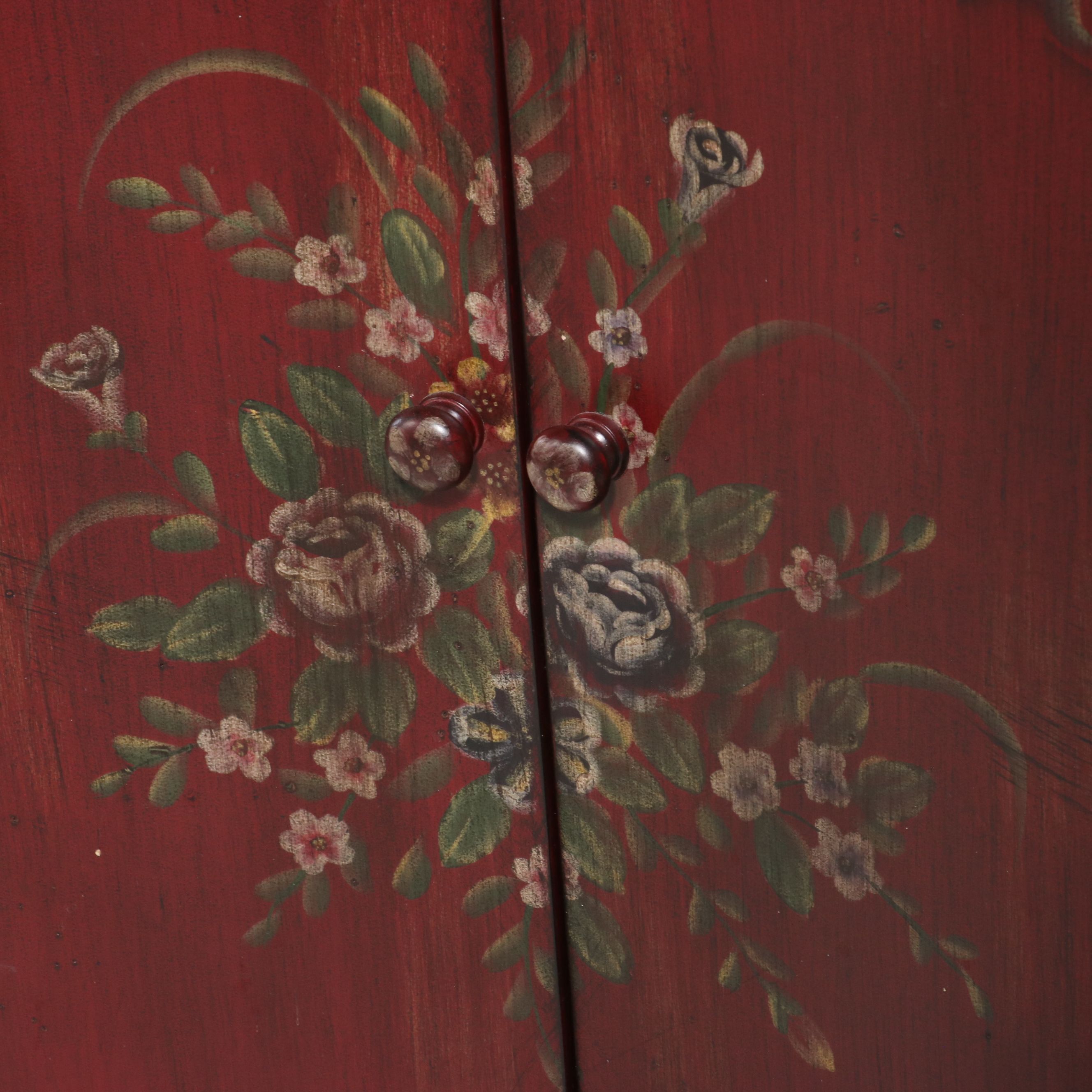 Painted Floral Bowfront Accent Commode with Black Top, Late 20th Century