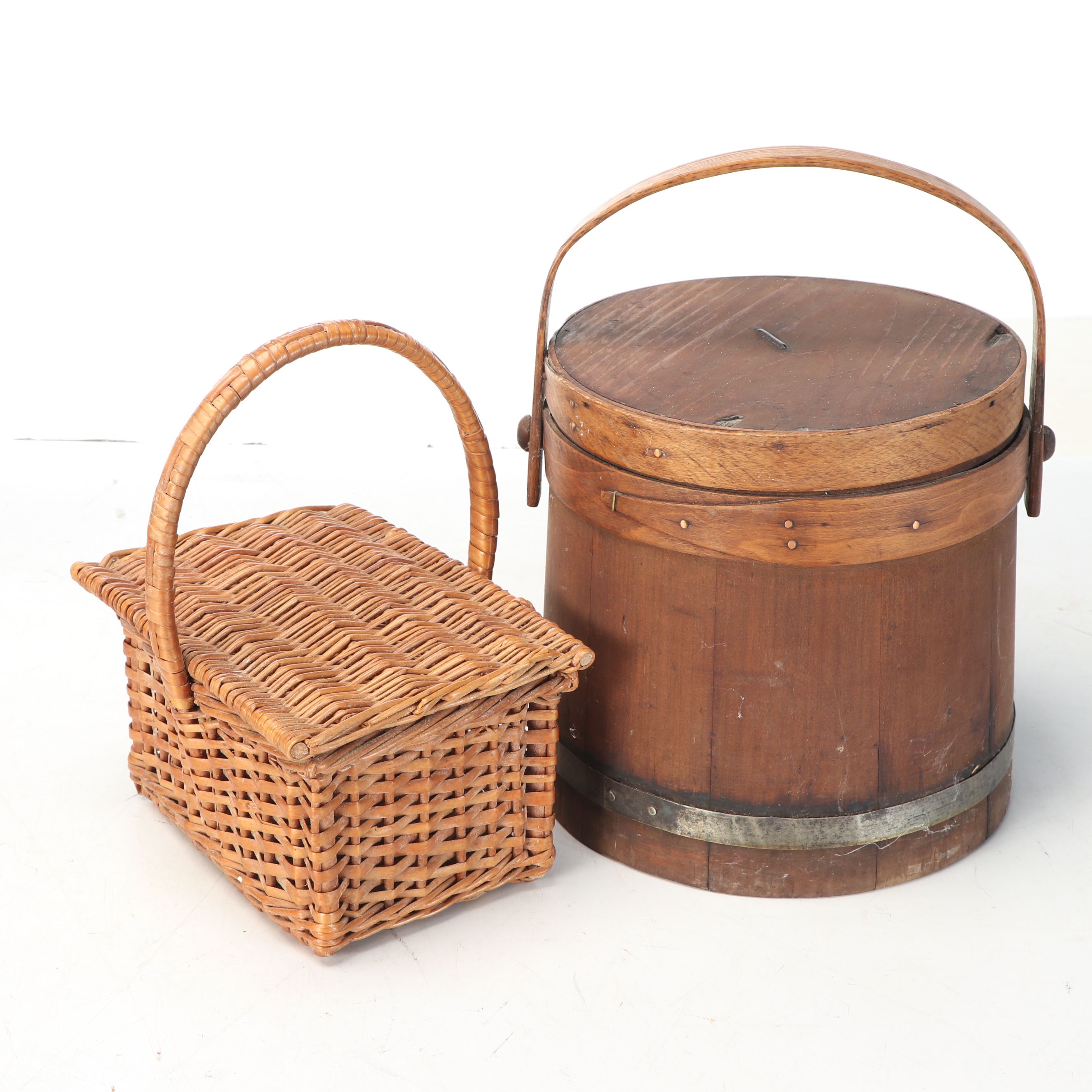 Firkin Bucket with Woven Lidded Picnic Basket and More Baskets