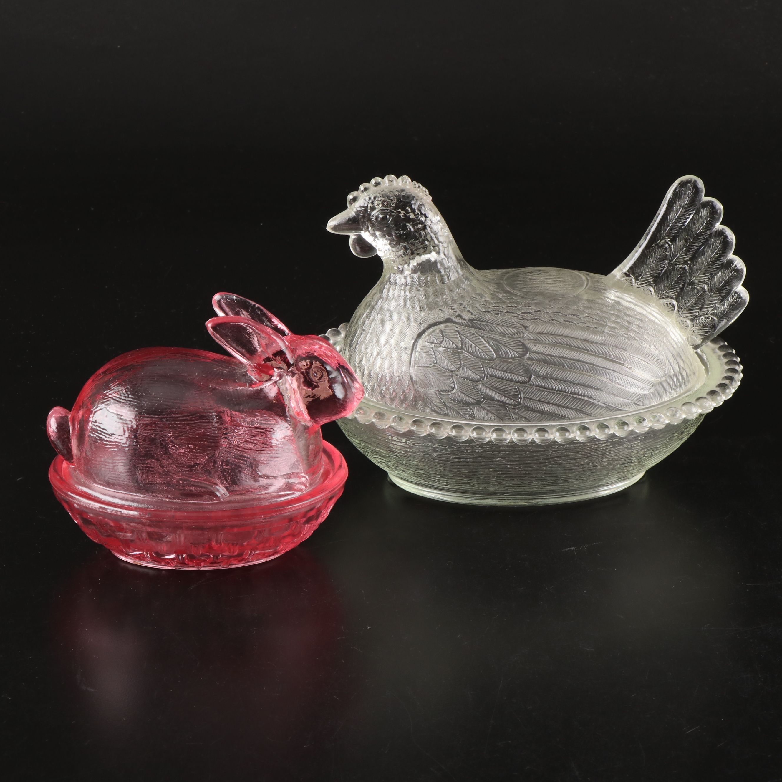 Indiana Glass "Hen on Nest" with L. E. Smith Bunny Pressed Glass Candy Dishes