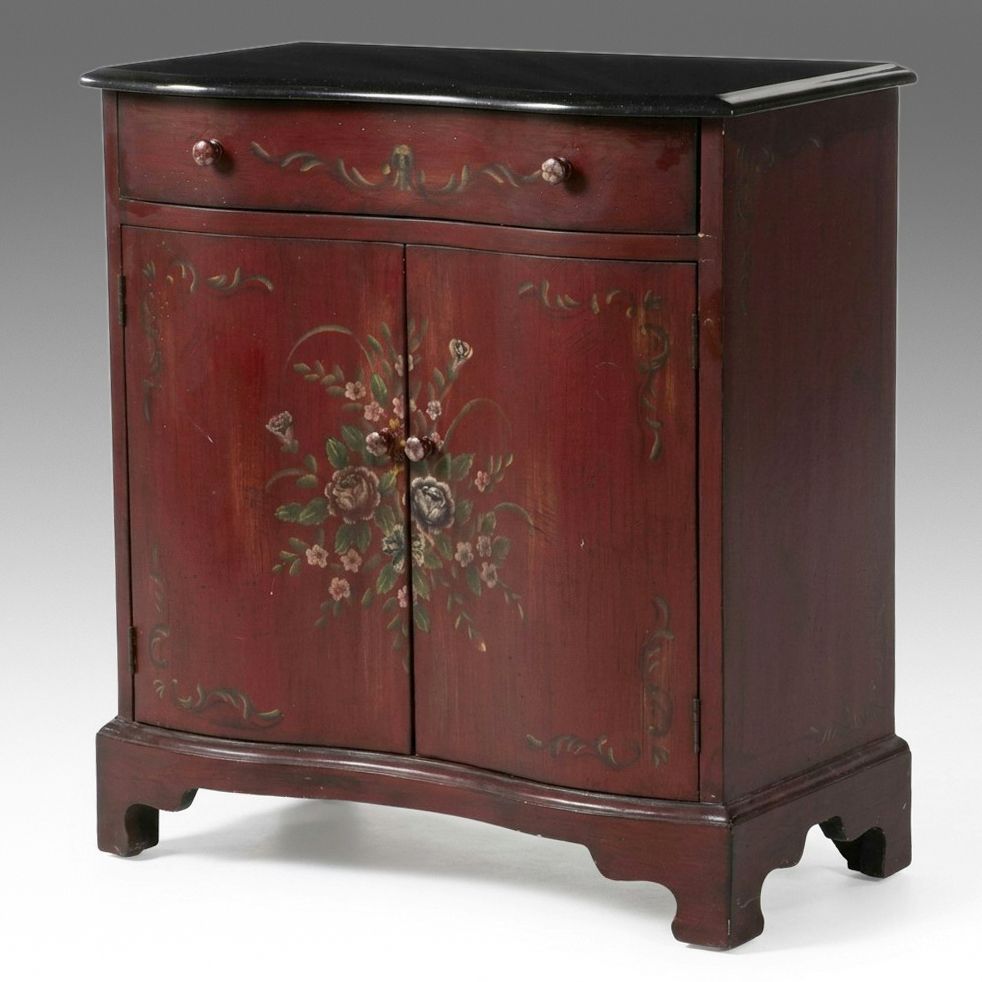 Painted Floral Bowfront Accent Commode with Black Top, Late 20th Century