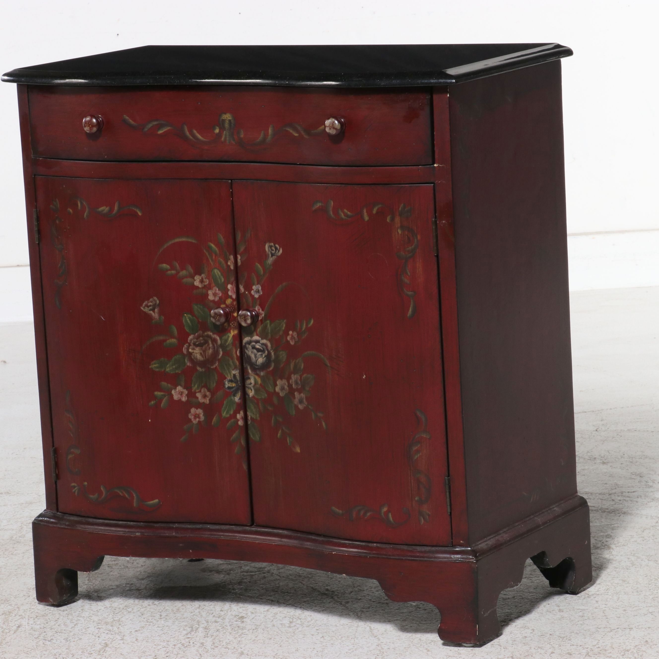 Painted Floral Bowfront Accent Commode with Black Top, Late 20th Century