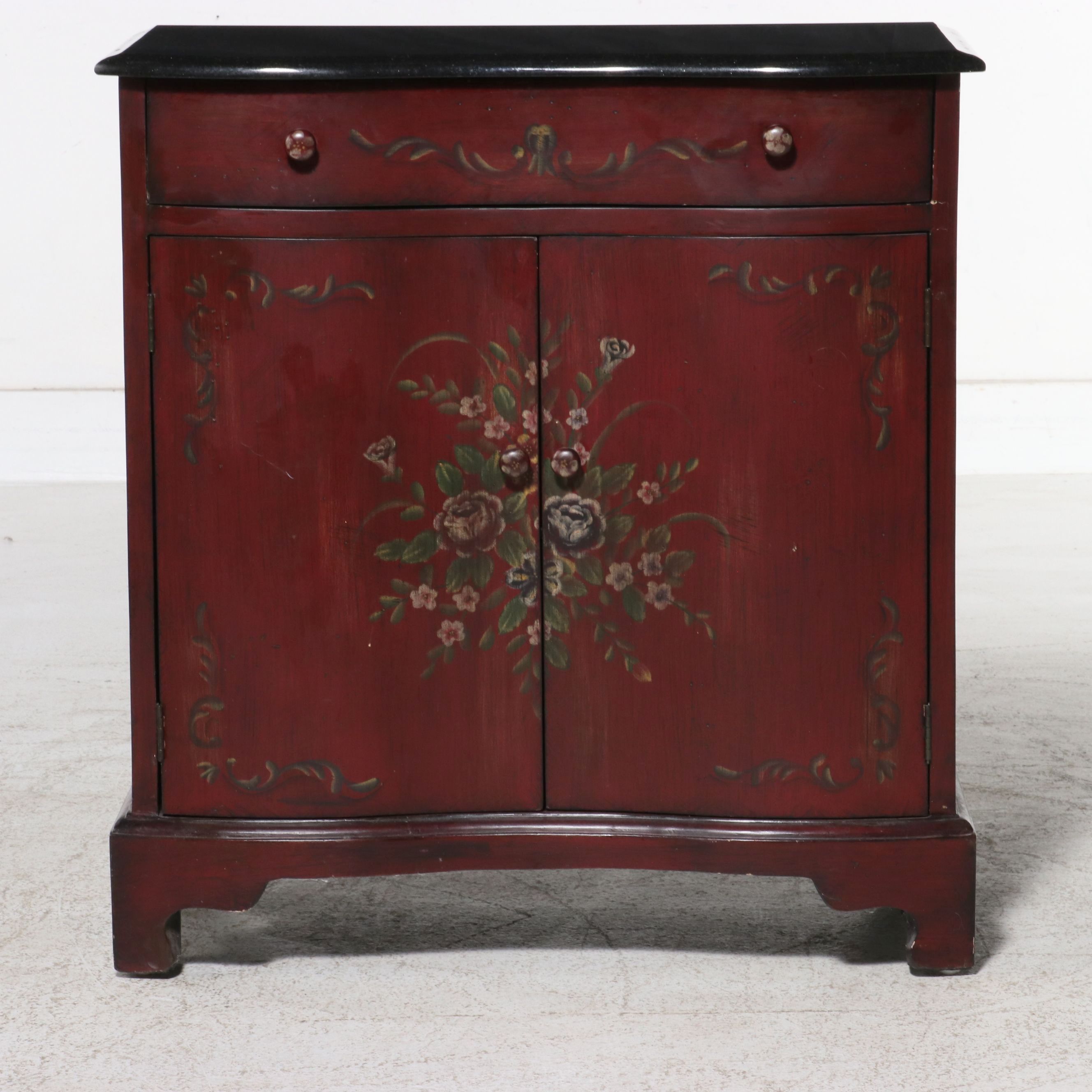 Painted Floral Bowfront Accent Commode with Black Top, Late 20th Century