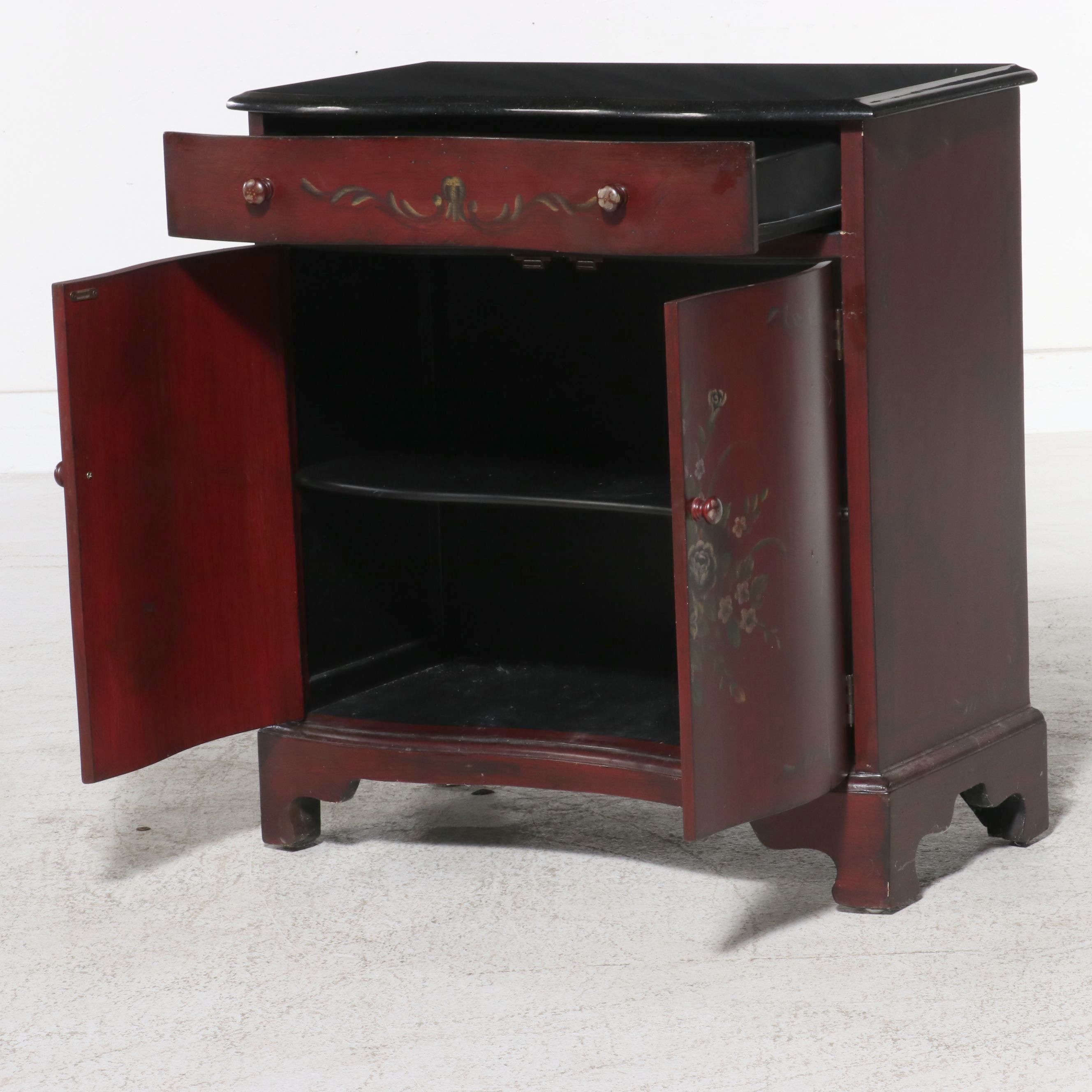 Painted Floral Bowfront Accent Commode with Black Top, Late 20th Century