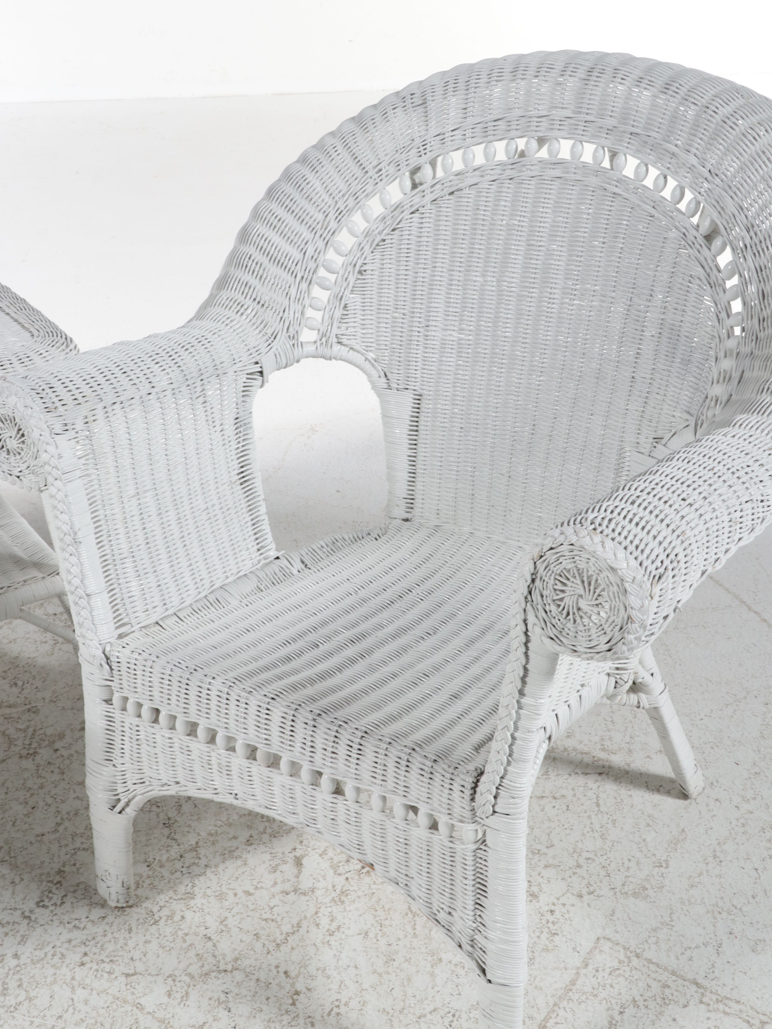 White Painted Wicker Armchair and End Tables