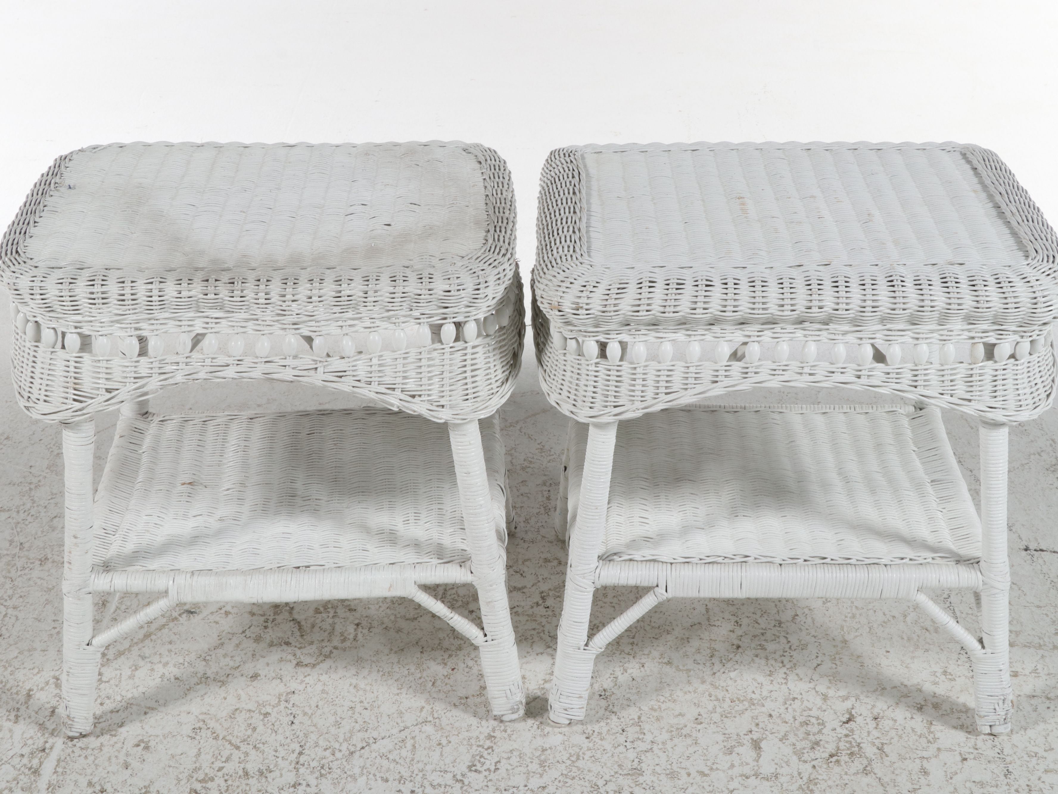 White Painted Wicker Armchair and End Tables