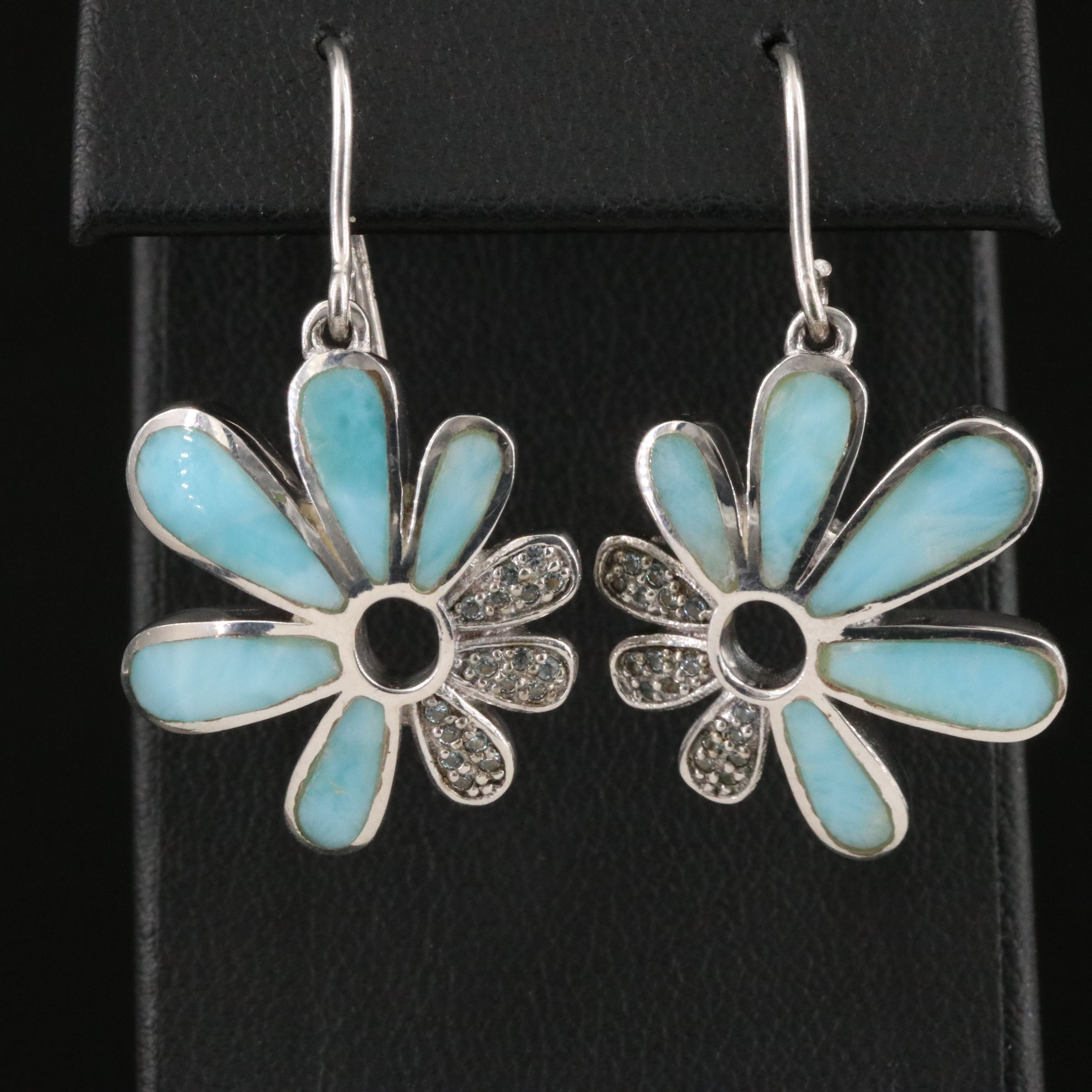 Sterling Larimar and CZ Flower Earrings