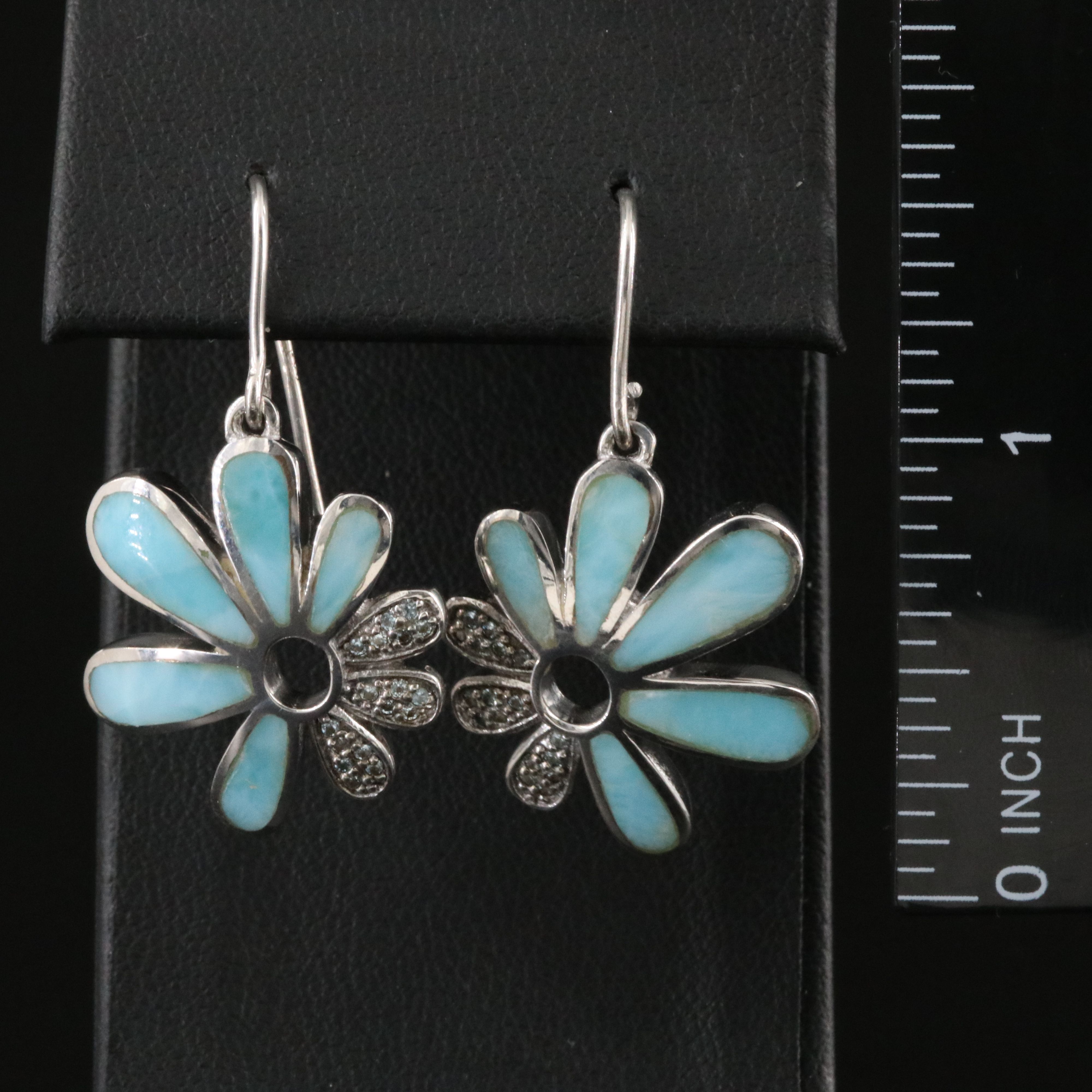 Sterling Larimar and CZ Flower Earrings