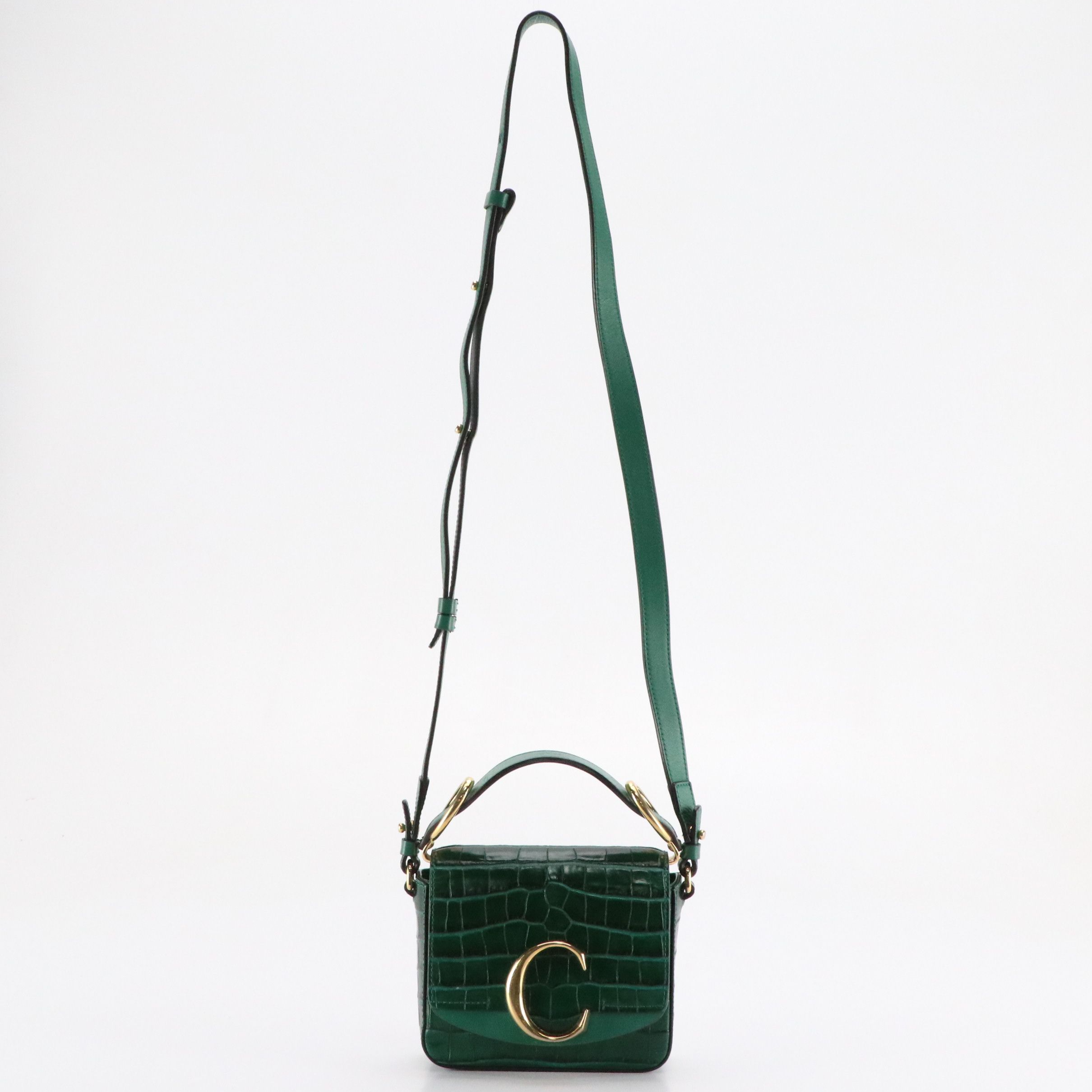 Chloé Mini C Double Carry Bag in Dark Green Croc Embossed and Smooth Leather